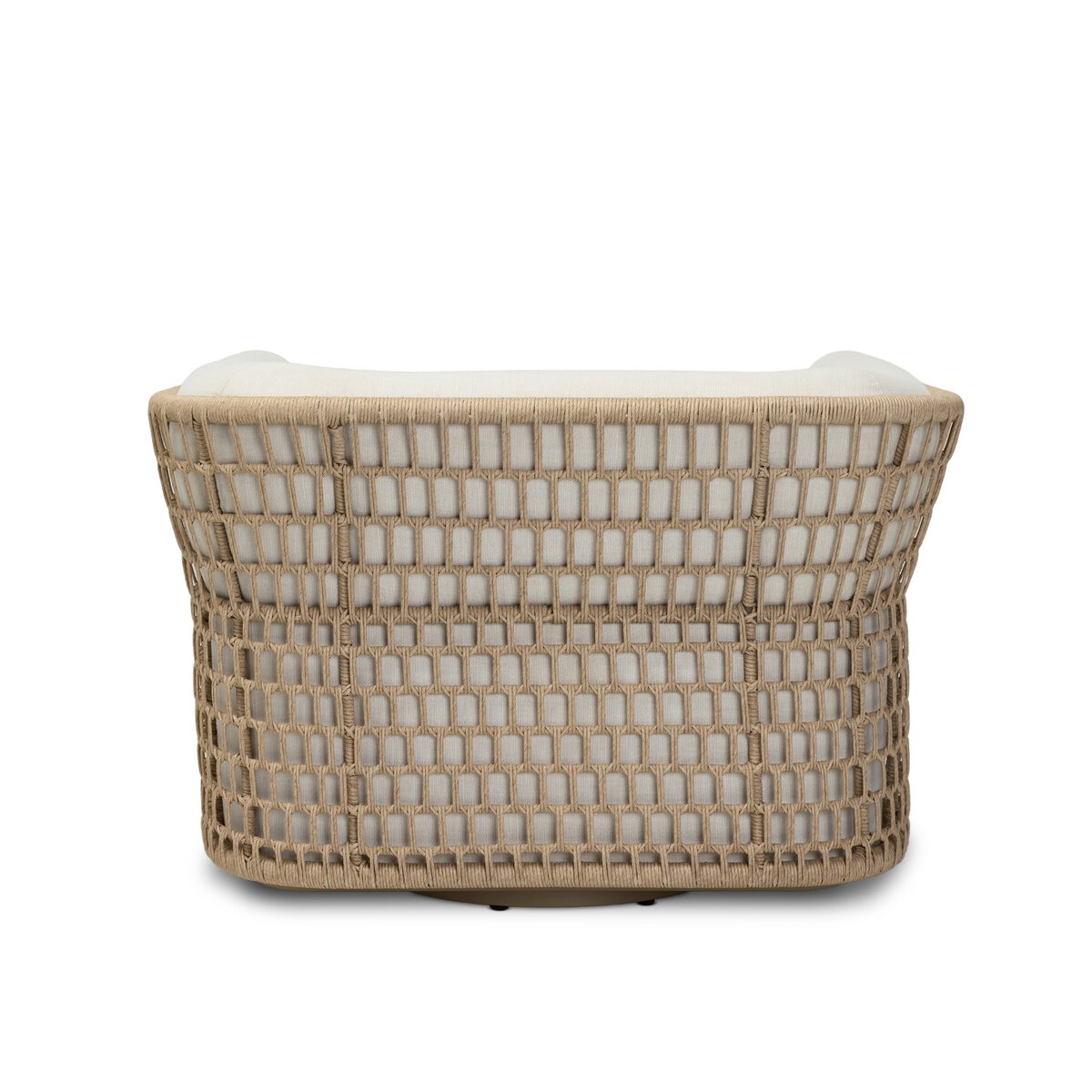 Four Hands Emilian Outdoor Swivel Chair in vintage white woven with cream cushion, back view showing open weave