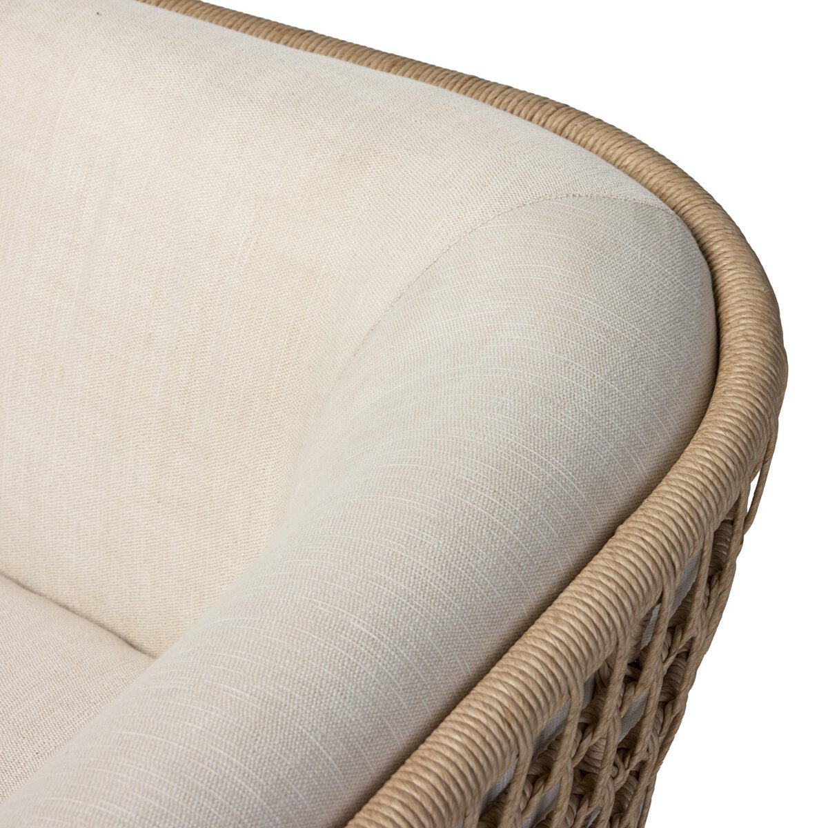 Four Hands Emilian Outdoor Swivel Chair in vintage white woven with cream cushion, close-up detail of weave, view 2