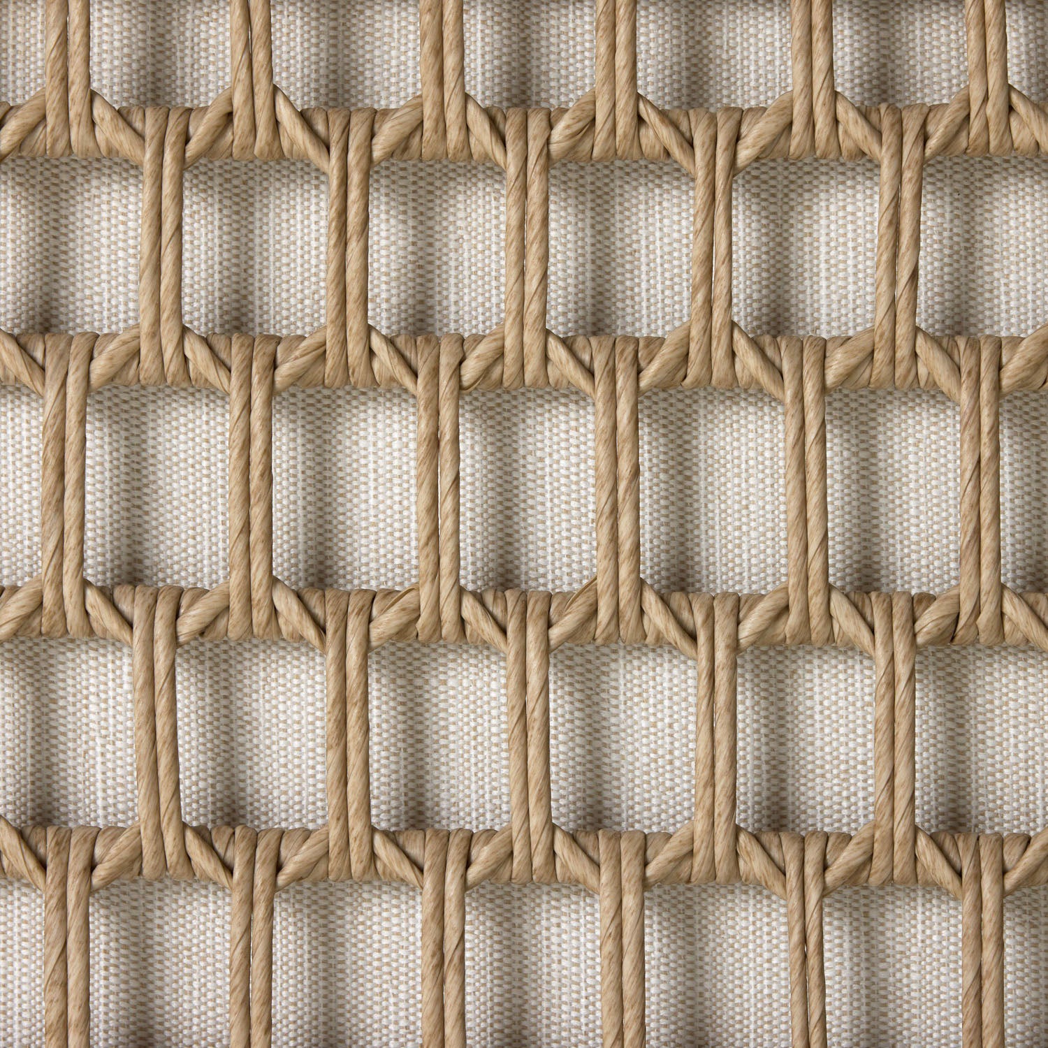 Four Hands Emilian Outdoor Swivel Chair in vintage white woven with cream cushion, close-up detail of weave, view 5