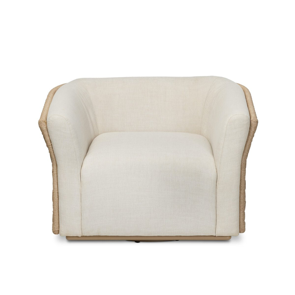Four Hands Emilian Outdoor Swivel Chair in vintage white woven with cream cushion, front view