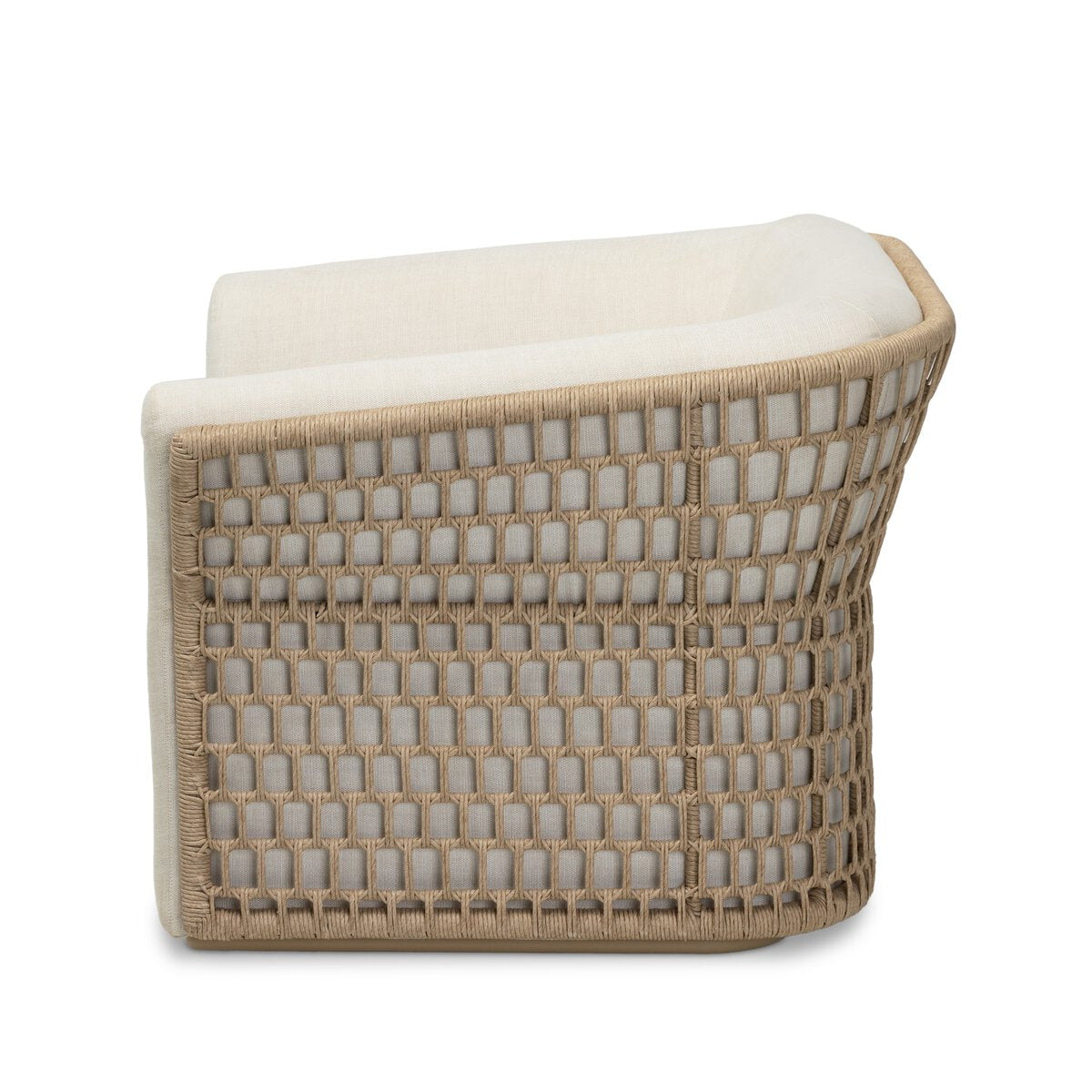 Four Hands Emilian Outdoor Swivel Chair in vintage white woven with cream cushion, side profile view