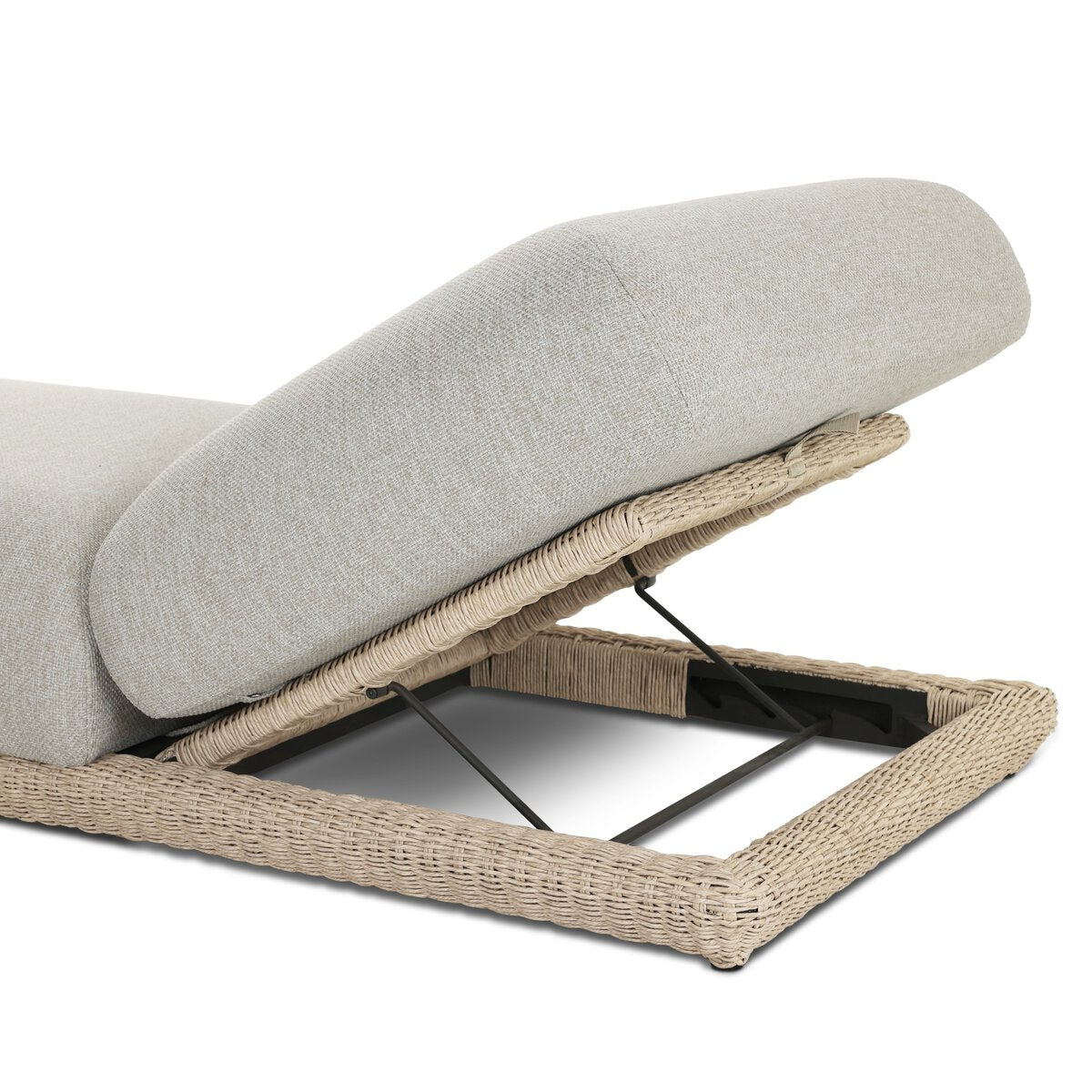 Four Hands Evander Outdoor Chaise in Ramiro Ecru with woven plinth base, close-up detail, view 3