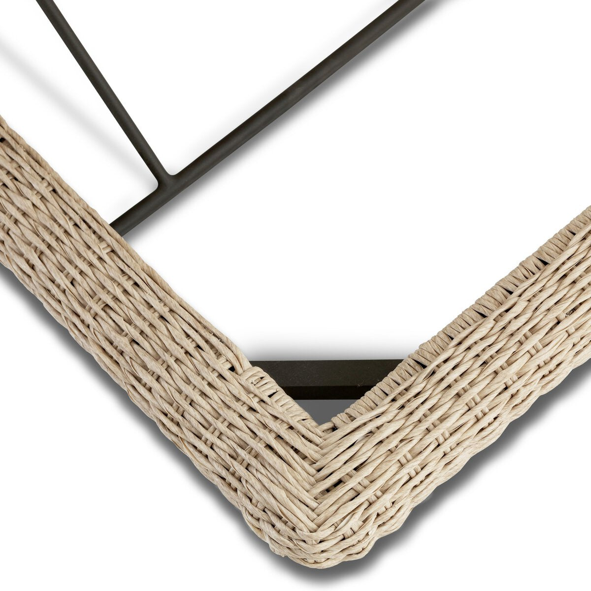 Four Hands Evander Outdoor Chaise in Ramiro Ecru with woven plinth base, close-up detail, view 4