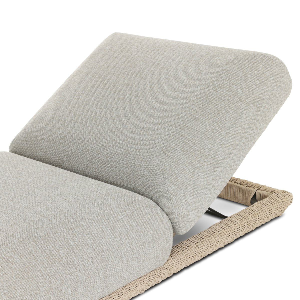 Four Hands Evander Outdoor Chaise in Ramiro Ecru with woven plinth base, close-up detail, view 2