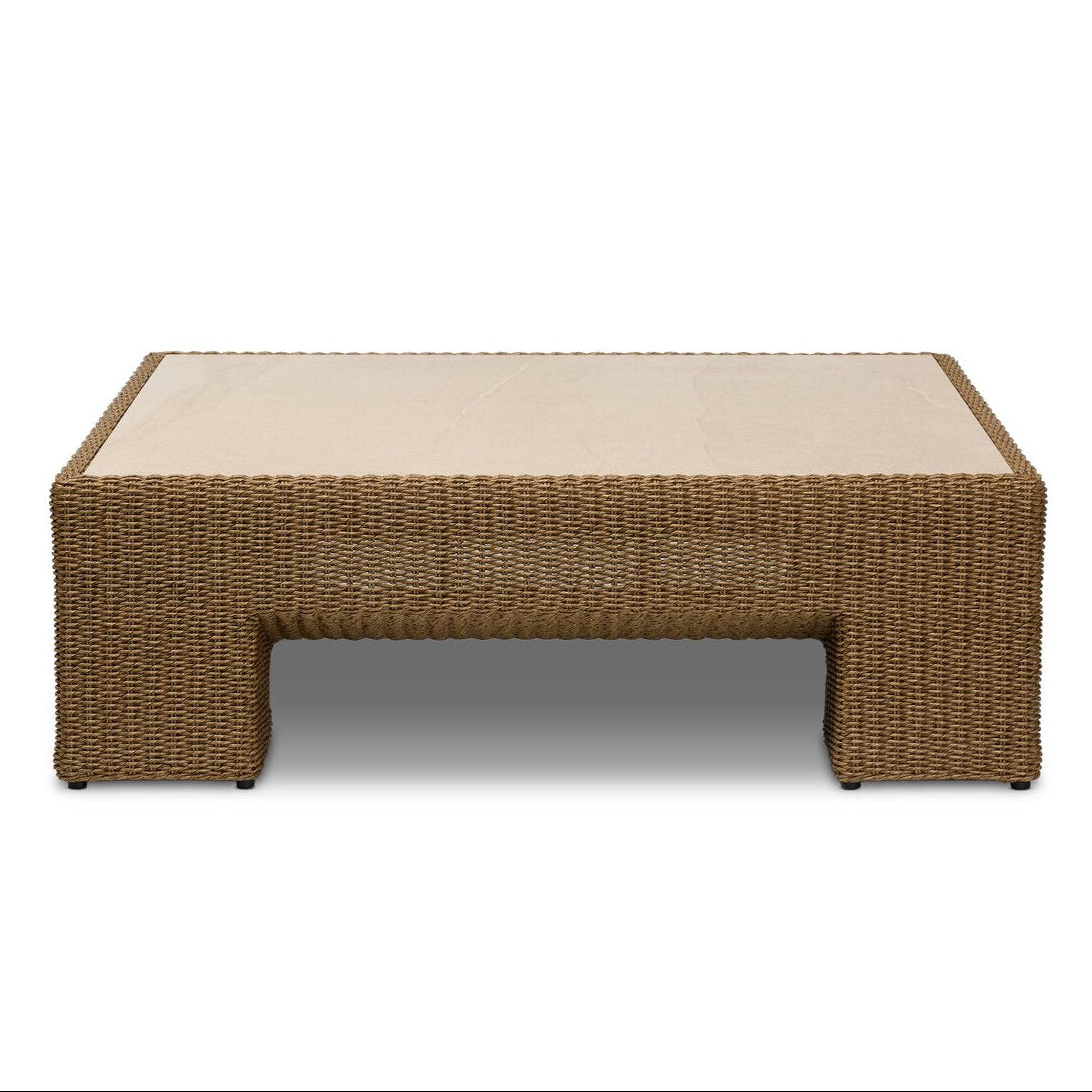 Four Hands Maris Outdoor Coffee Table in faux dark hyacinth with sintered stone top, back view