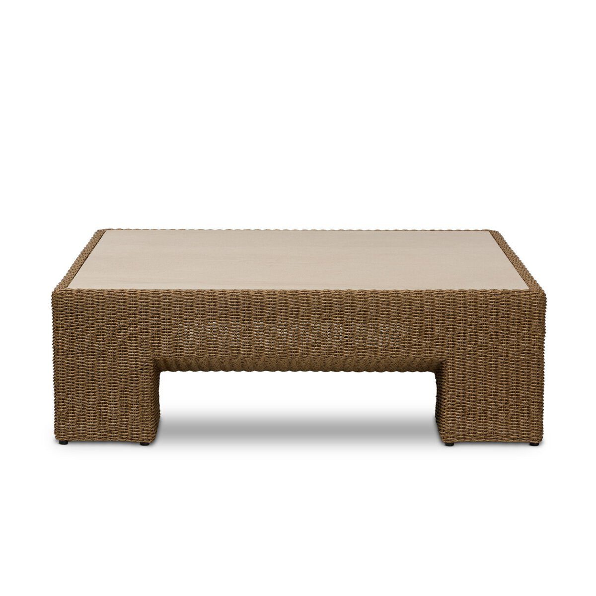 Four Hands Maris Outdoor Coffee Table in faux dark hyacinth with sintered stone top, side profile view