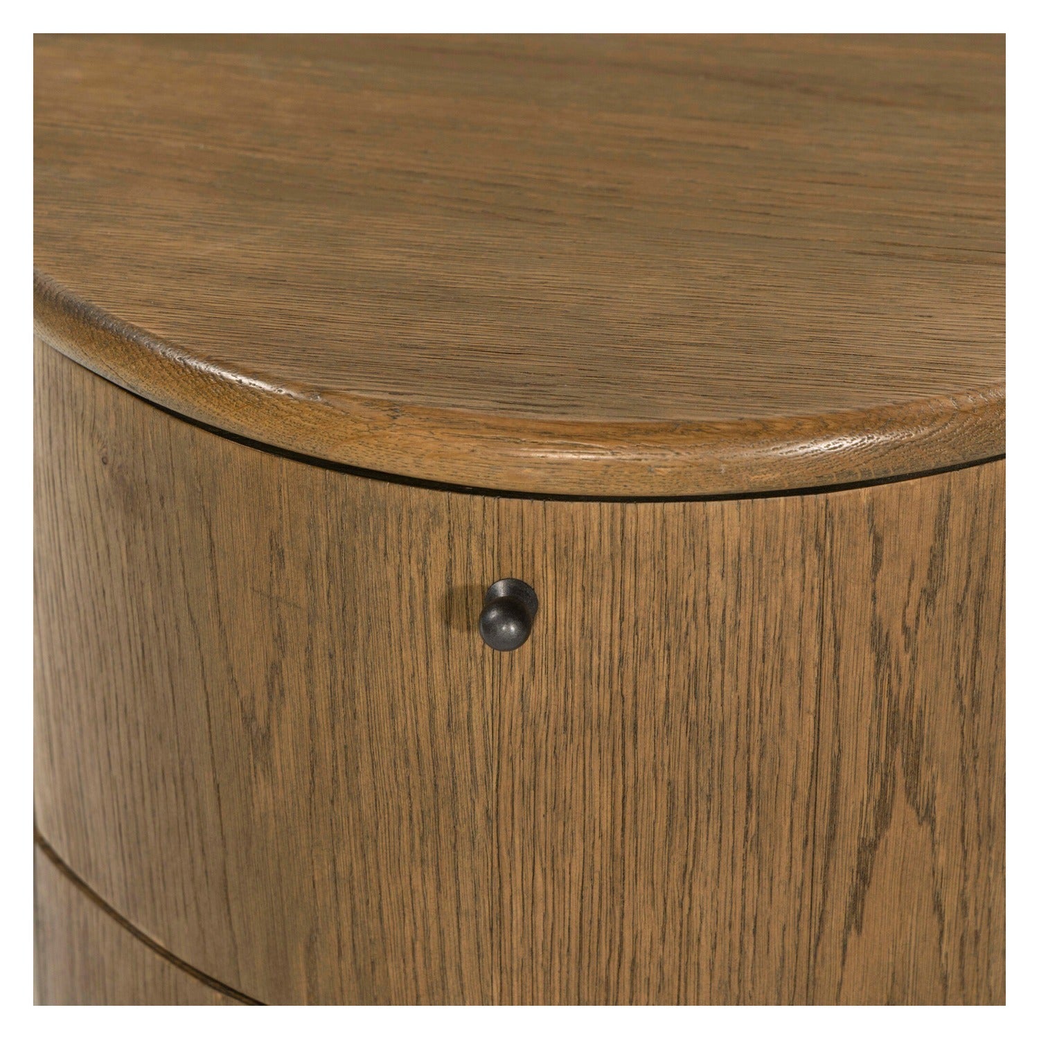 Four Hands Zoe Warm Natural Oak Nightstand Set of 2, Art Deco demilune on pedestal, close-up detail of oak grain, view 1