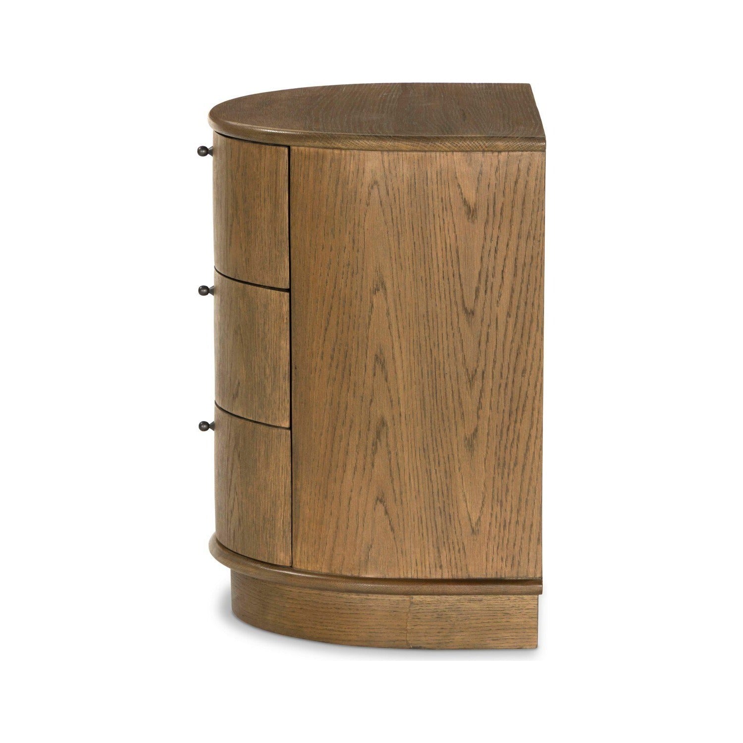 Four Hands Zoe Warm Natural Oak Nightstand Set of 2, Art Deco demilune on pedestal, side profile view showing flat back