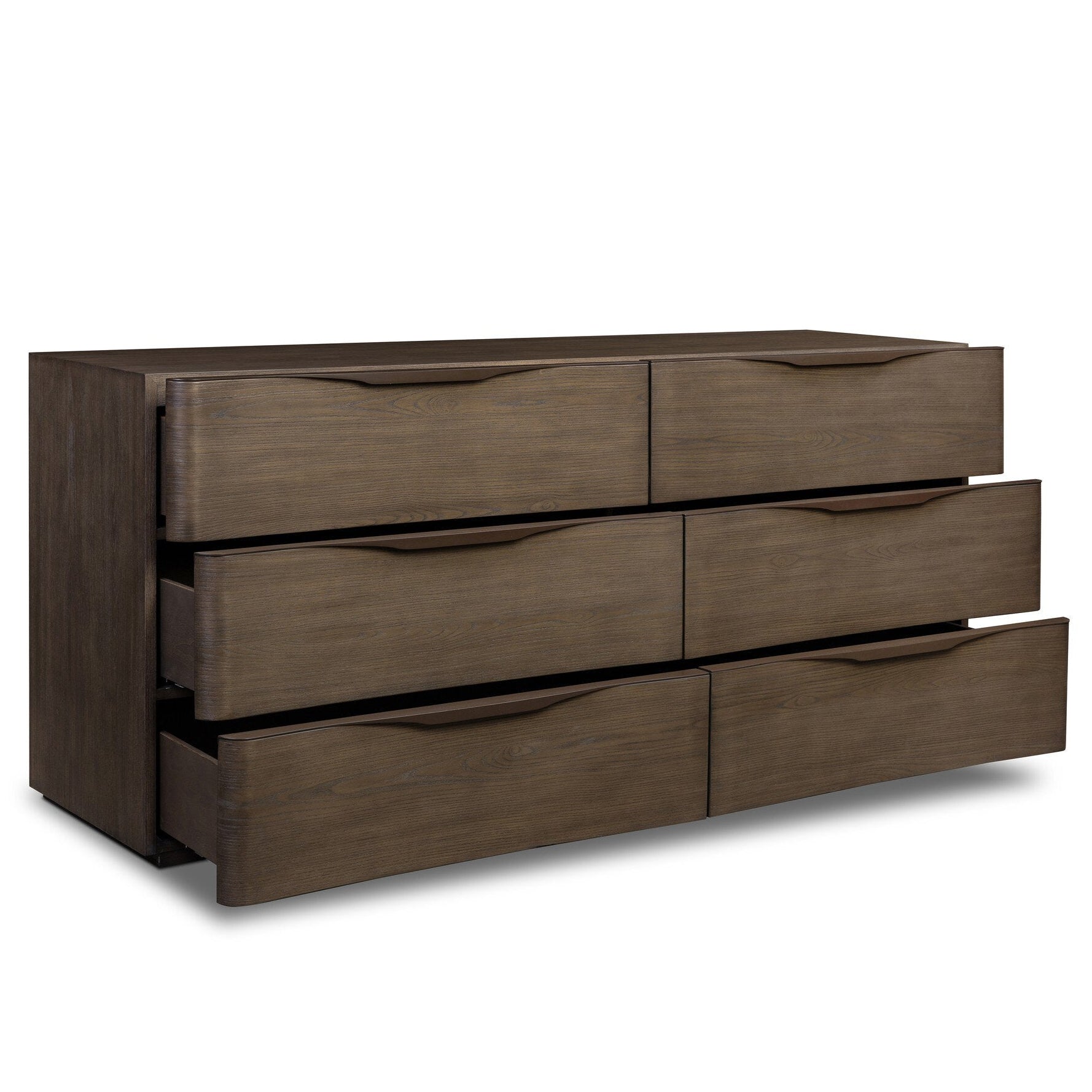 Four Hands Amiro Tumble Brown Ash 6 Drawer Dresser shown with doors open