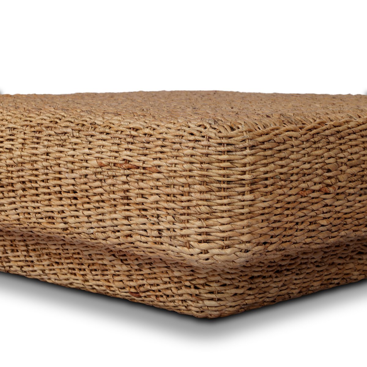 Four Hands Keira Coffee Table in bleached banana leaf, fully woven round 48in, close-up detail of weave, view 3