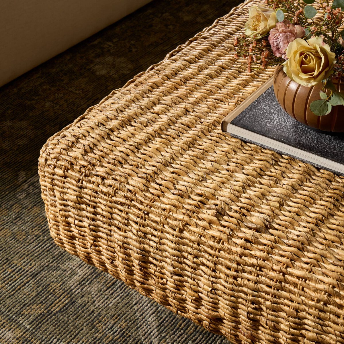 Four Hands Keira Coffee Table in bleached banana leaf, fully woven round 48in, close-up detail of weave, view 1