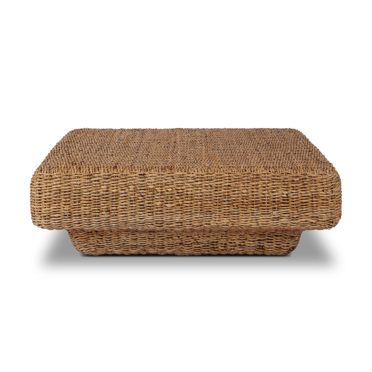 Four Hands Keira Coffee Table in bleached banana leaf, fully woven round 48in, side profile view