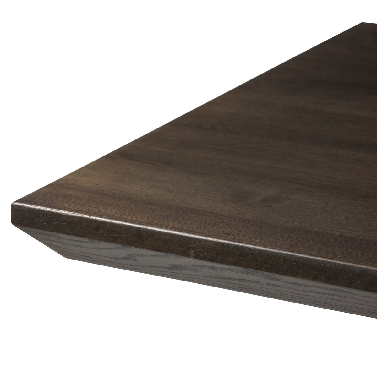 Four Hands Azien Dining Table in espresso oak with sculptural angular base, close-up detail, view 1