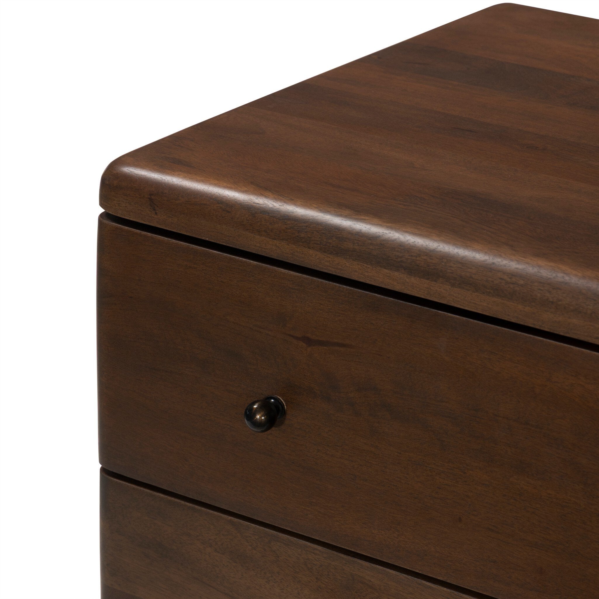 Four Hands Eldrin Nightstand in warm brown mango with antique brass hardware, close-up detail of drawer and brass, view 2