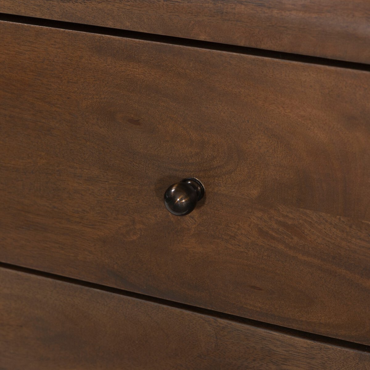 Four Hands Eldrin Nightstand in warm brown mango with antique brass hardware, close-up detail of drawer and brass, view 5