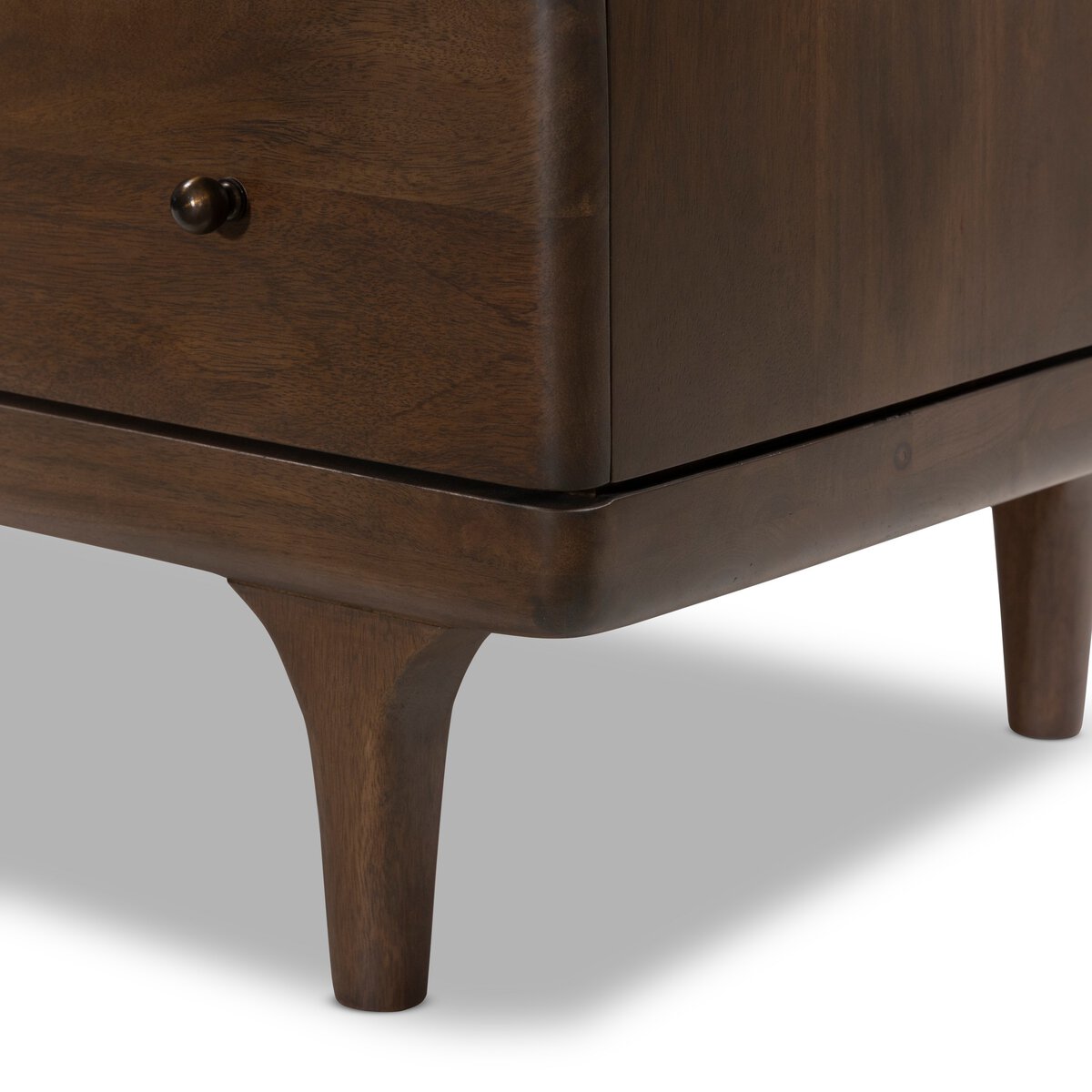 Four Hands Eldrin Nightstand in warm brown mango with antique brass hardware, close-up detail of drawer and brass, view 3