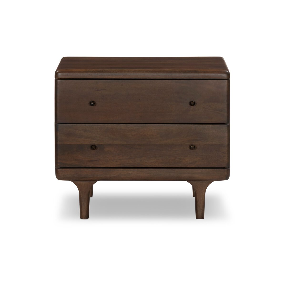 Four Hands Eldrin Nightstand in warm brown mango with antique brass hardware, front view