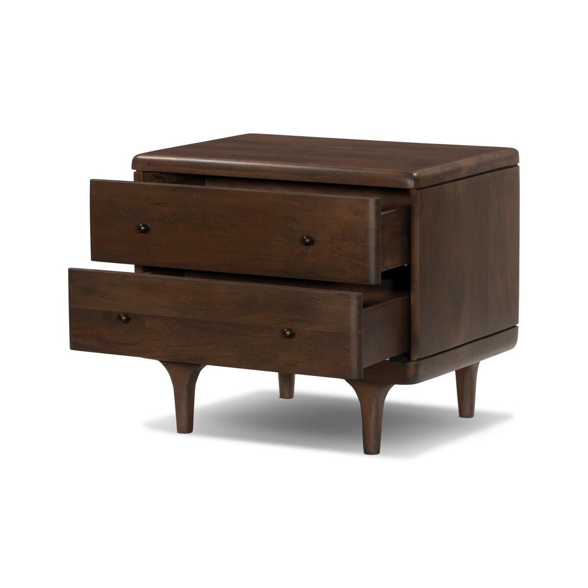 Four Hands Eldrin Nightstand in warm brown mango with antique brass hardware, drawer open view