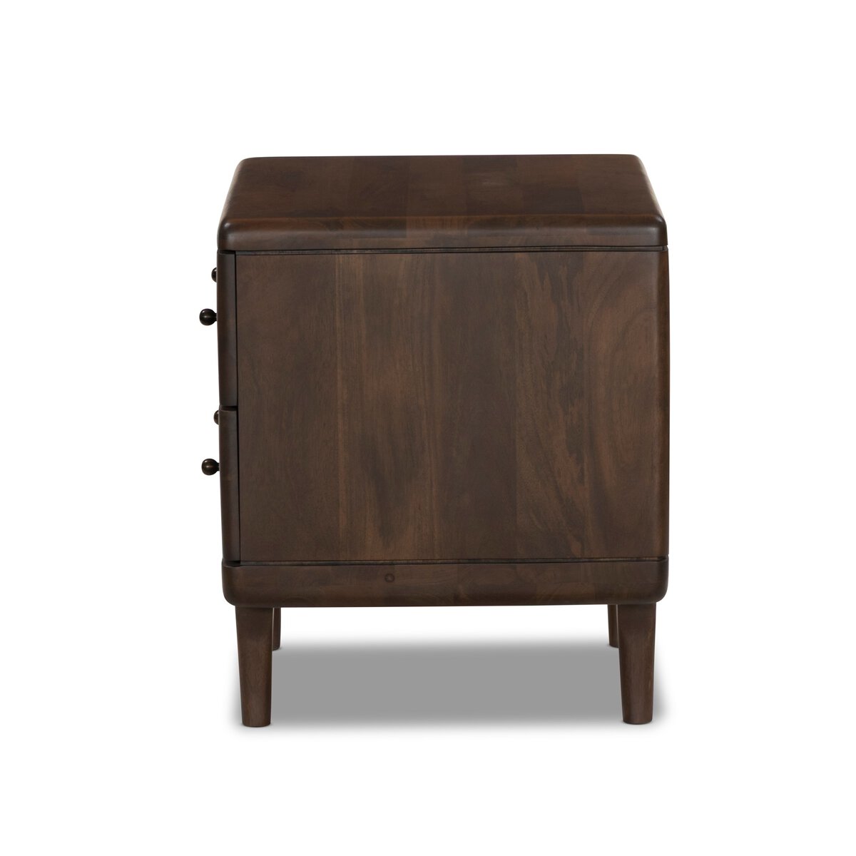 Four Hands Eldrin Nightstand in warm brown mango with antique brass hardware, side profile view