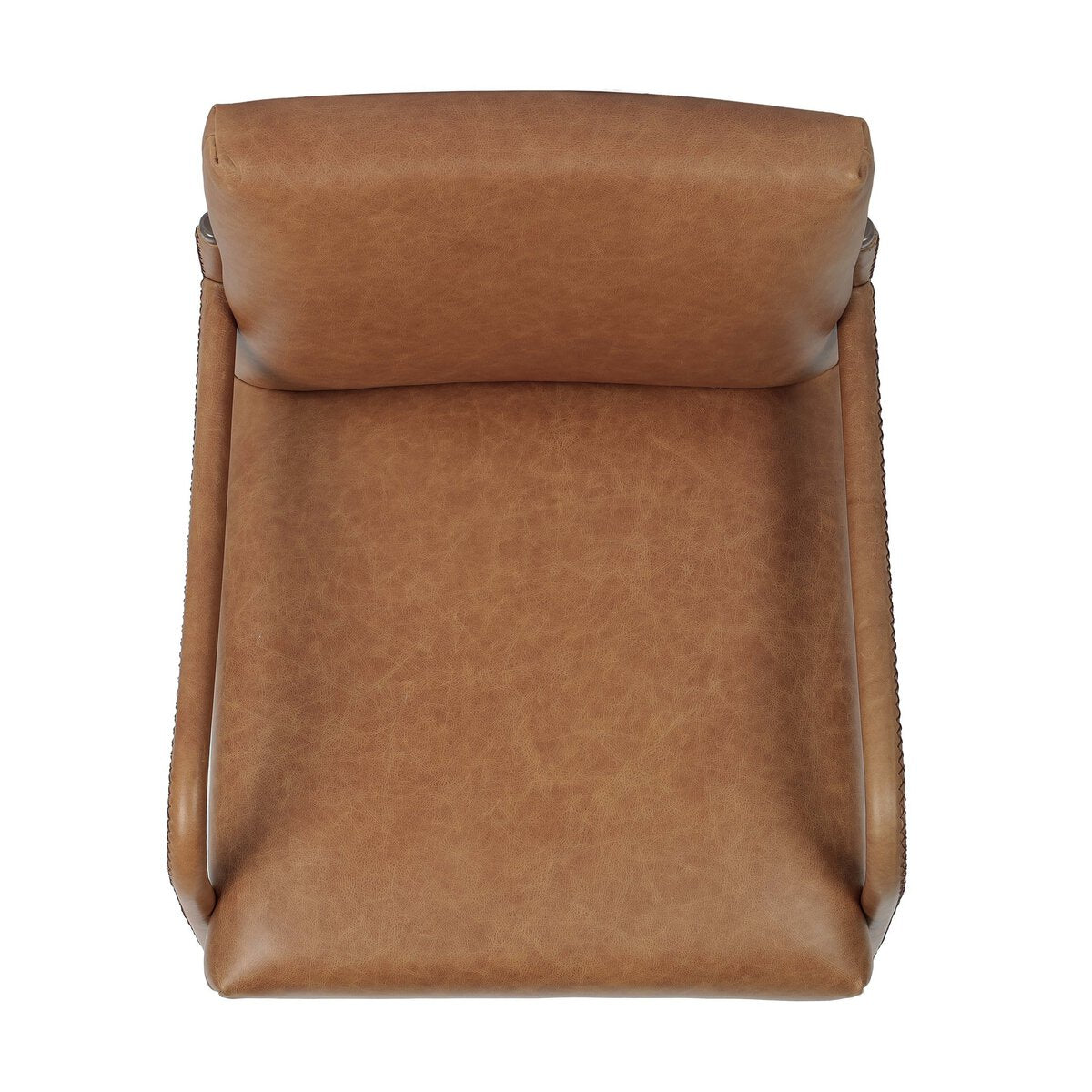 Four Hands Quill Dining Armchair in Chaps Saddle leather with leather-wrapped iron legs, top-down seat view with armrests