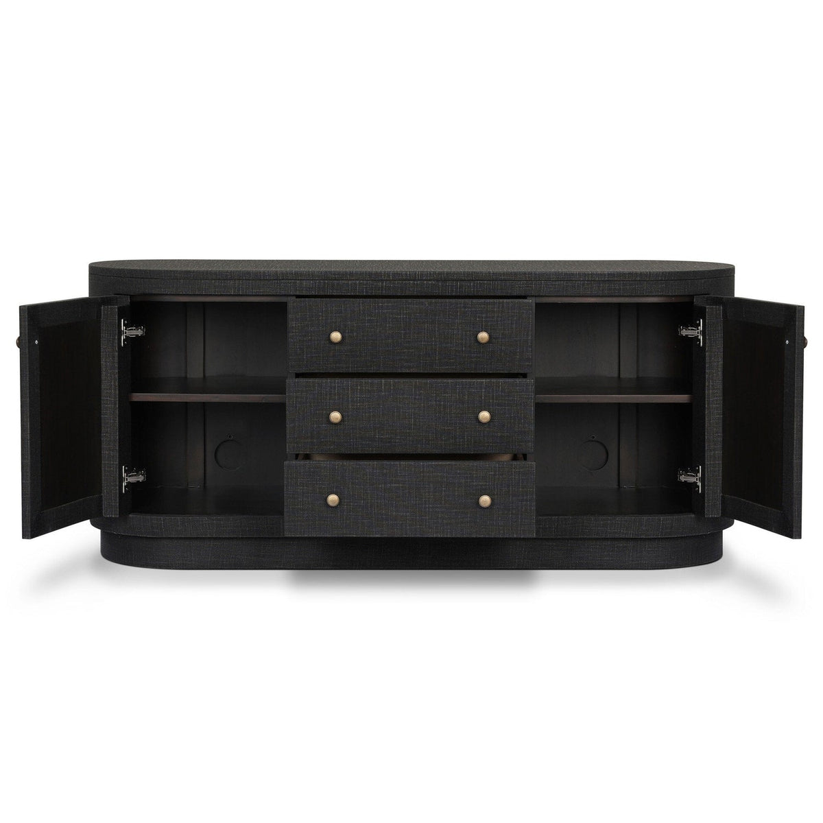 Four Hands Amelia Light Antique Brass Media Console shown with doors open