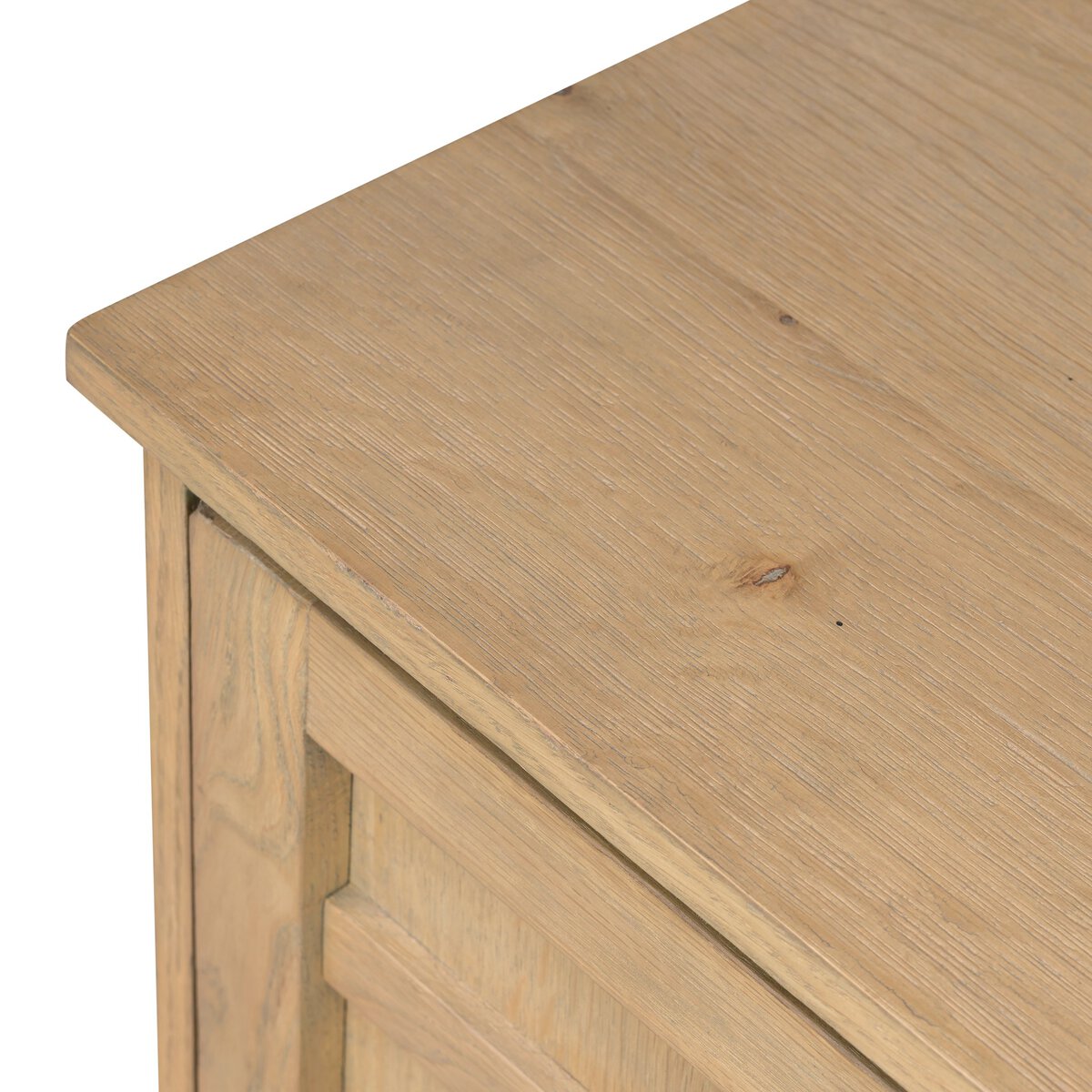 Four Hands Alessio Nightstand left orientation in aged natural oak, close-up detail of grid door, view 2