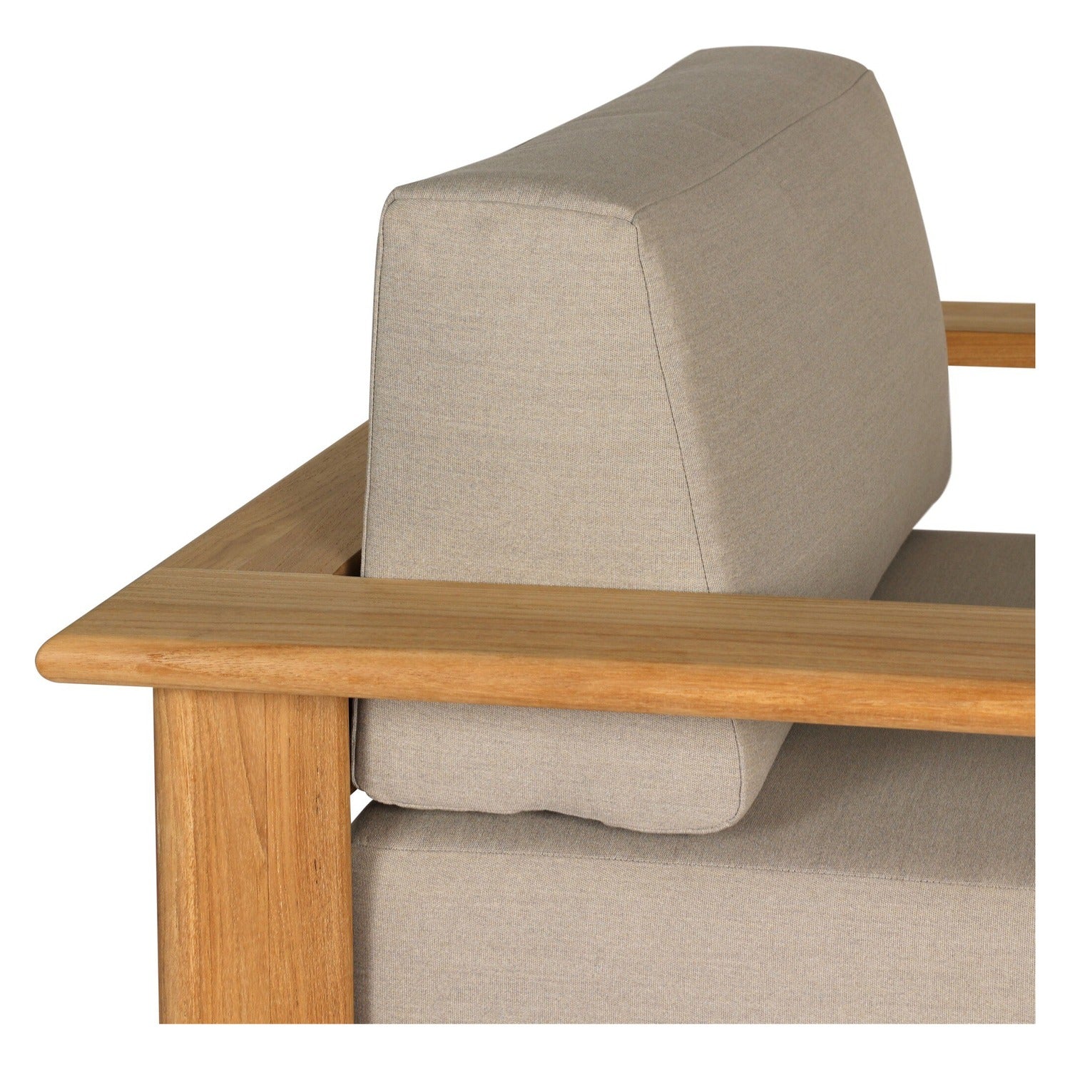 Four Hands Sterling Ibiza Mole Outdoor Chair in golden teak with mocha acrylic cushions, close-up detail of teak grain, view 1