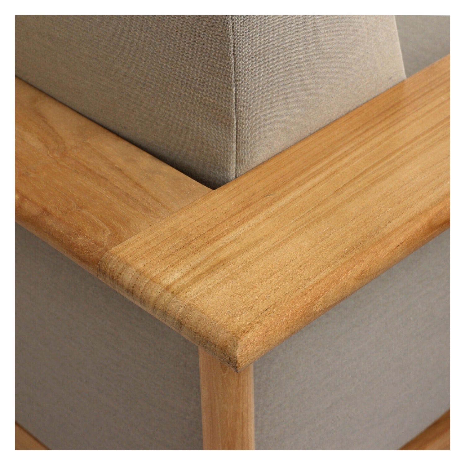 Four Hands Sterling Ibiza Mole 98in Outdoor Sofa in golden teak with mocha acrylic cushions, close-up detail of cushion fabric, view 3