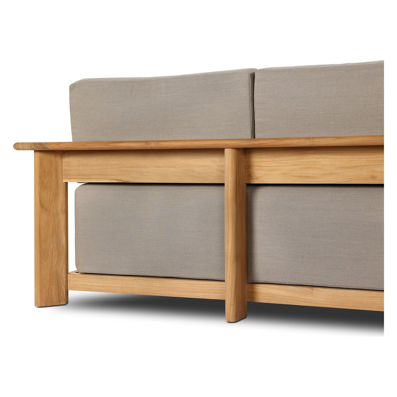 Four Hands Sterling Ibiza Mole 98in Outdoor Sofa in golden teak with mocha acrylic cushions, close-up detail of teak grain, view 2