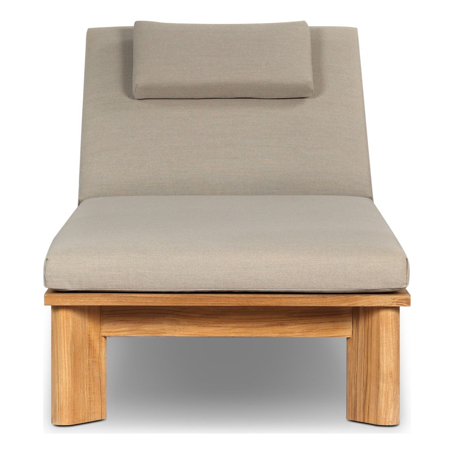 Four Hands Sterling Ibiza Mole Outdoor Chaise in golden teak with mocha acrylic cushion, front view