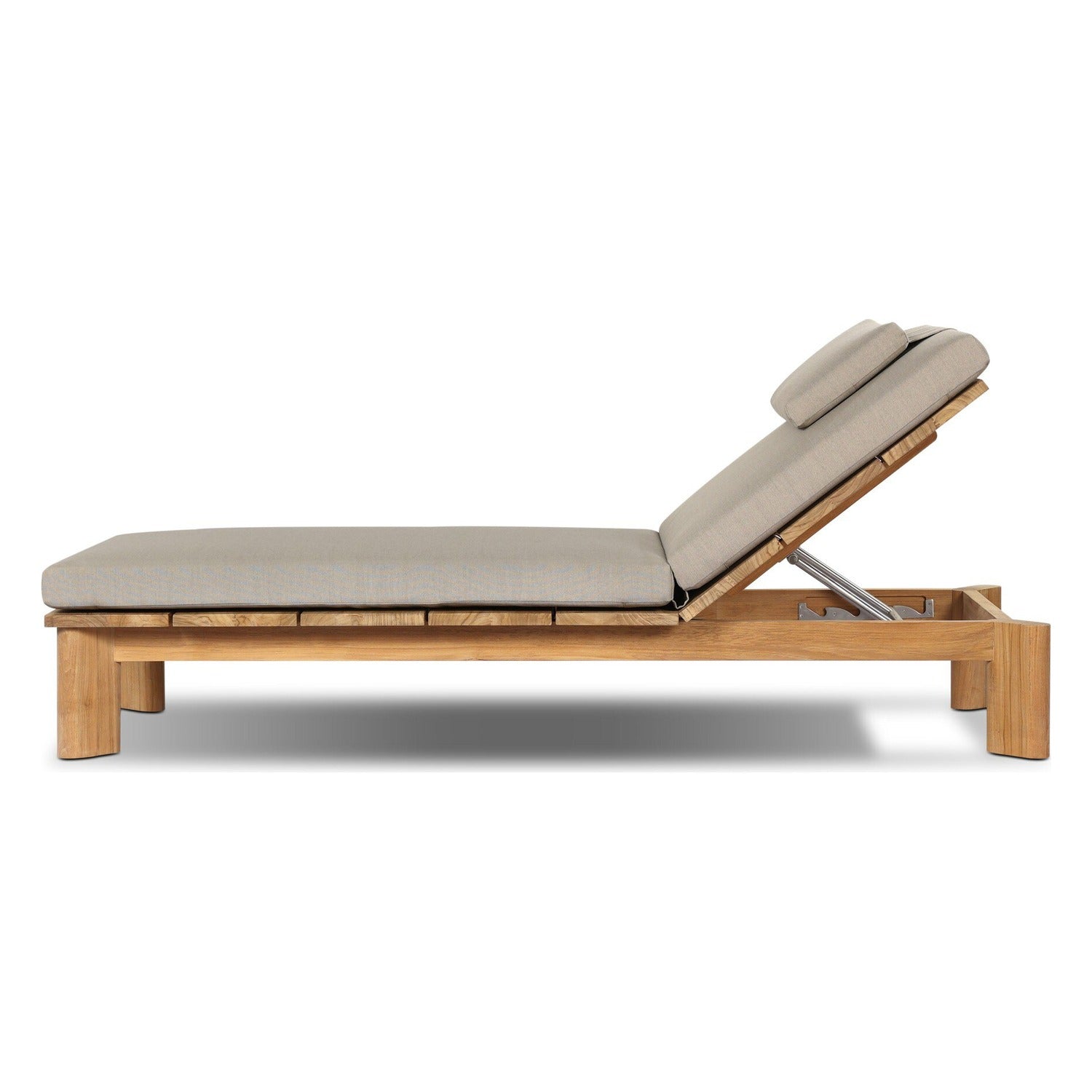 Four Hands Sterling Ibiza Mole Outdoor Chaise in golden teak with mocha acrylic cushion, side profile view