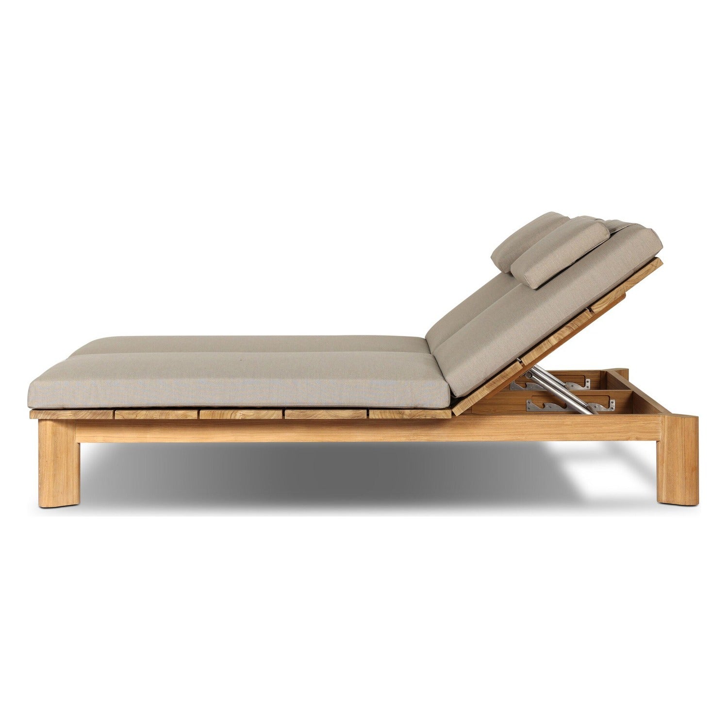 Four Hands Sterling Ibiza Mole Outdoor Double Chaise in golden teak with mocha acrylic cushion, side profile view