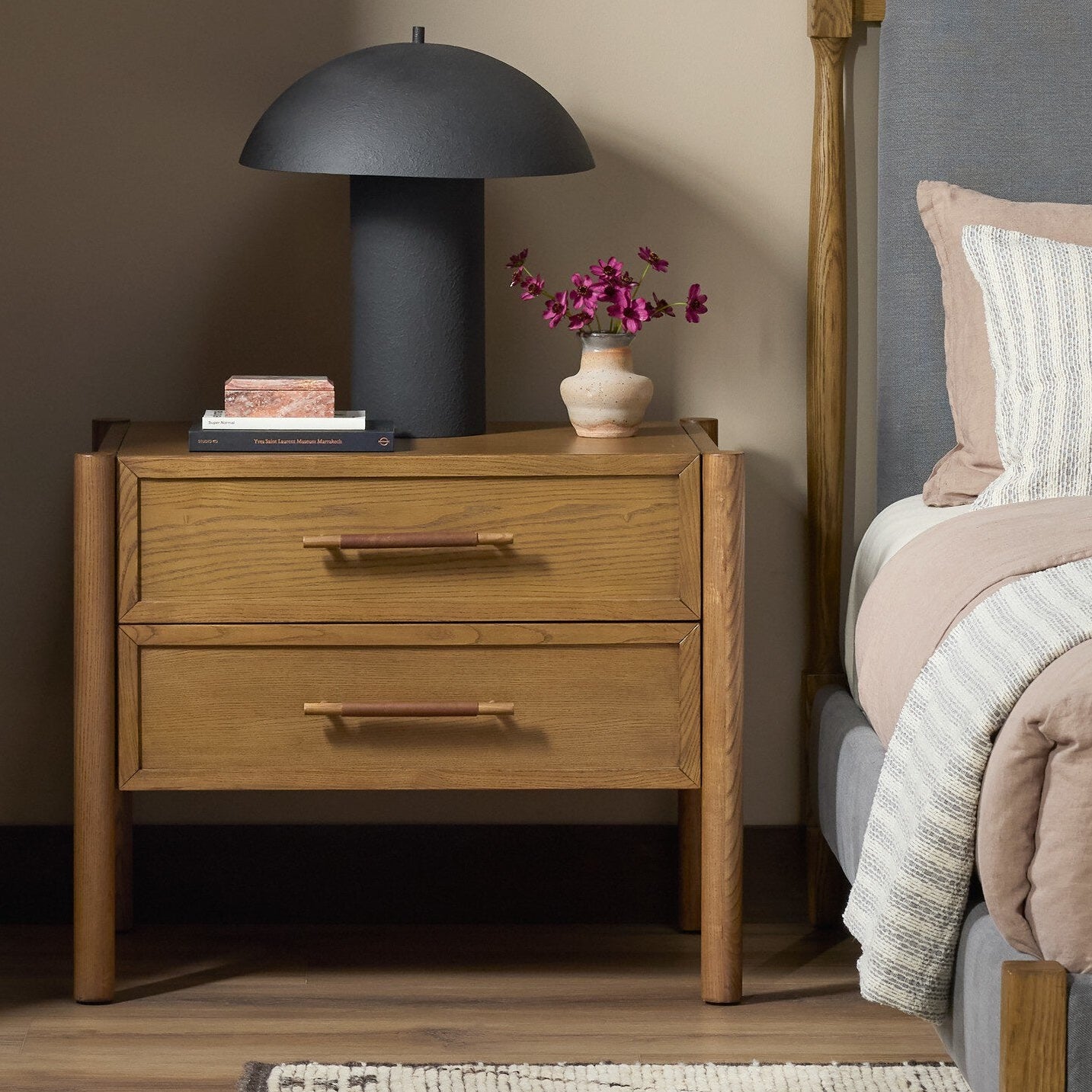 Four Hands Salado Natural Ash 2 Drawer Nightstand - styled room setting