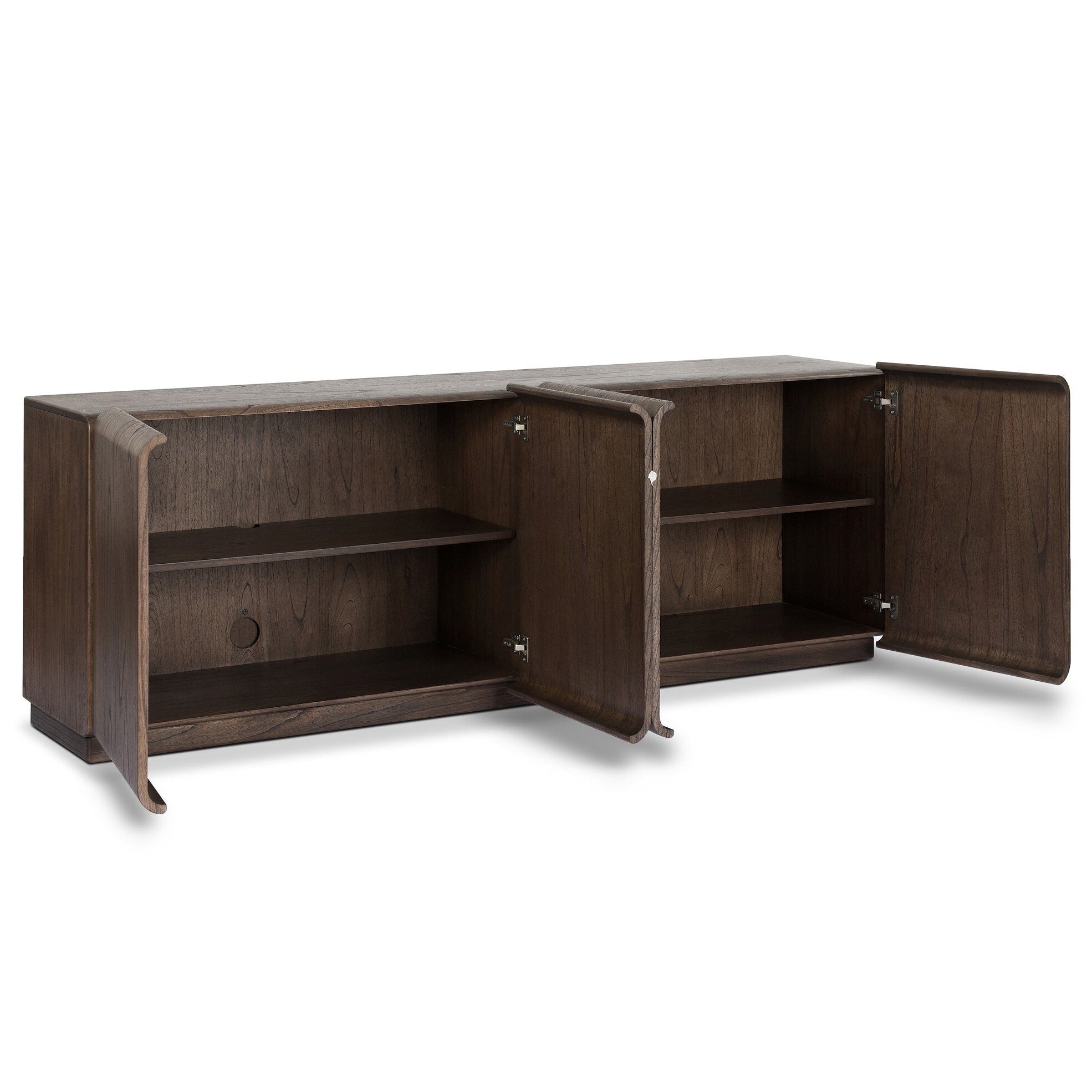Four Hands Arlet Stained Saddle Brown Mindi Sideboard shown open with storage revealed