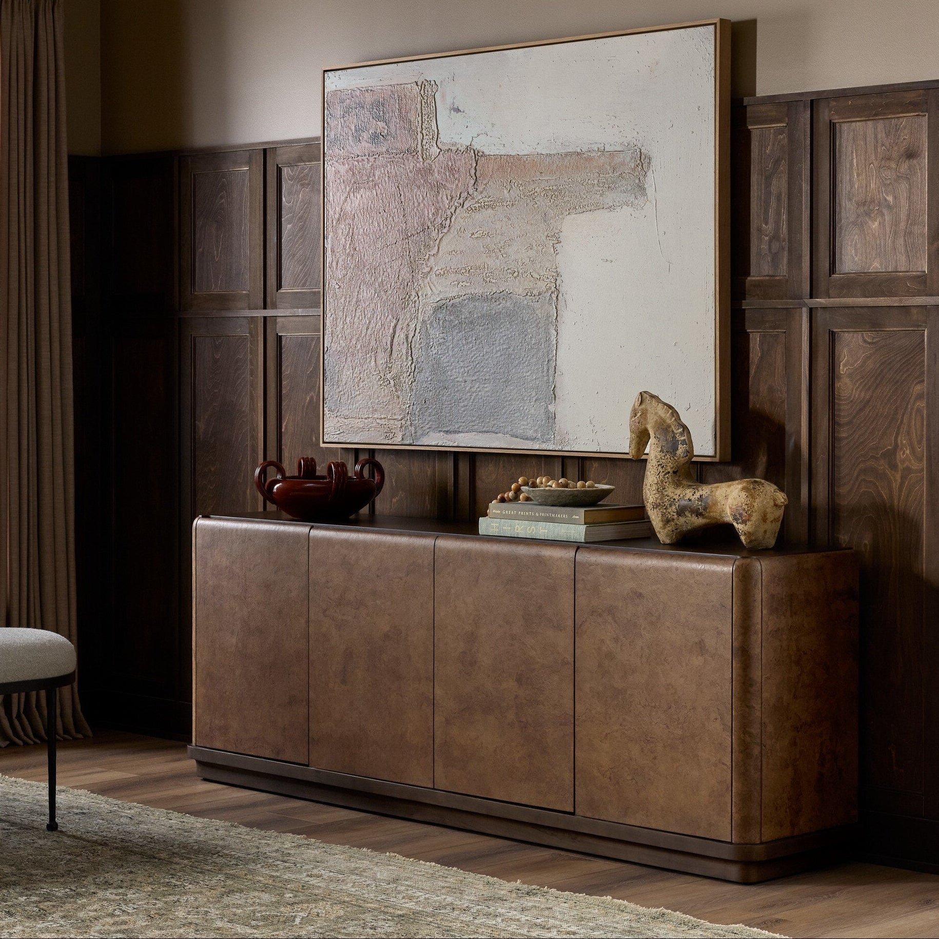 Four Hands Cambros Dark Bark Paper Sideboard styled in a room setting