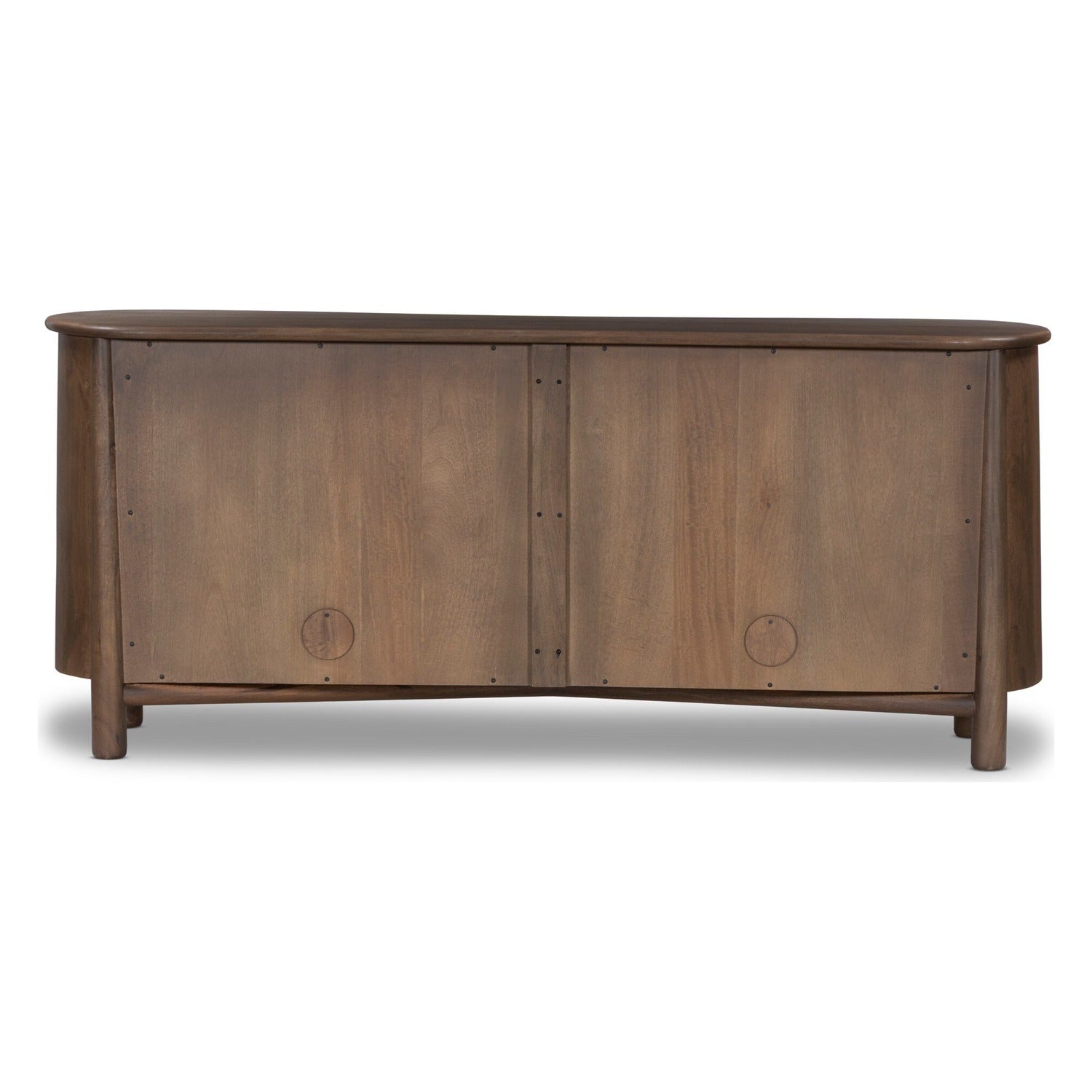 Four Hands Tindra Washed Taupe Sideboard in curved solid mango with tapered legs, back view