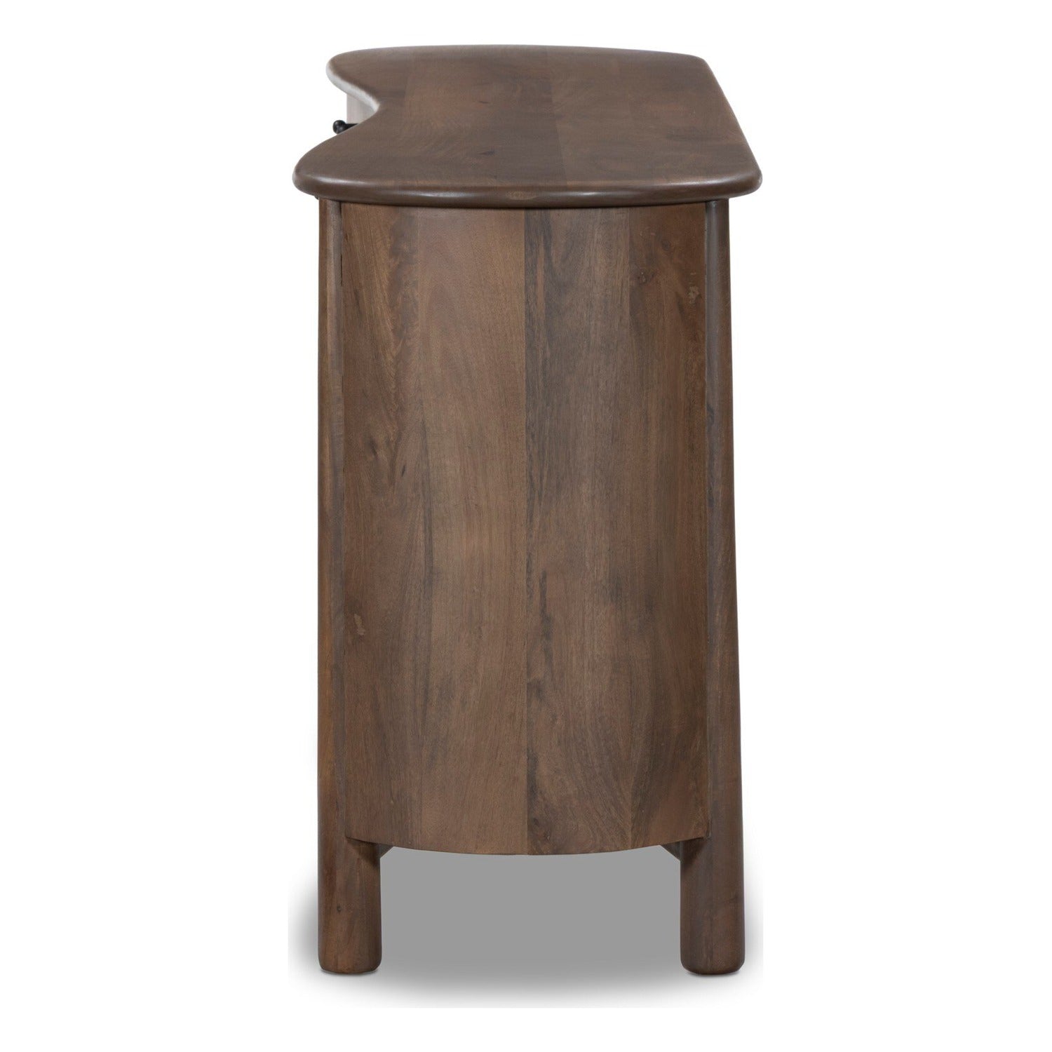 Four Hands Tindra Washed Taupe Sideboard in curved solid mango with tapered legs, side profile view