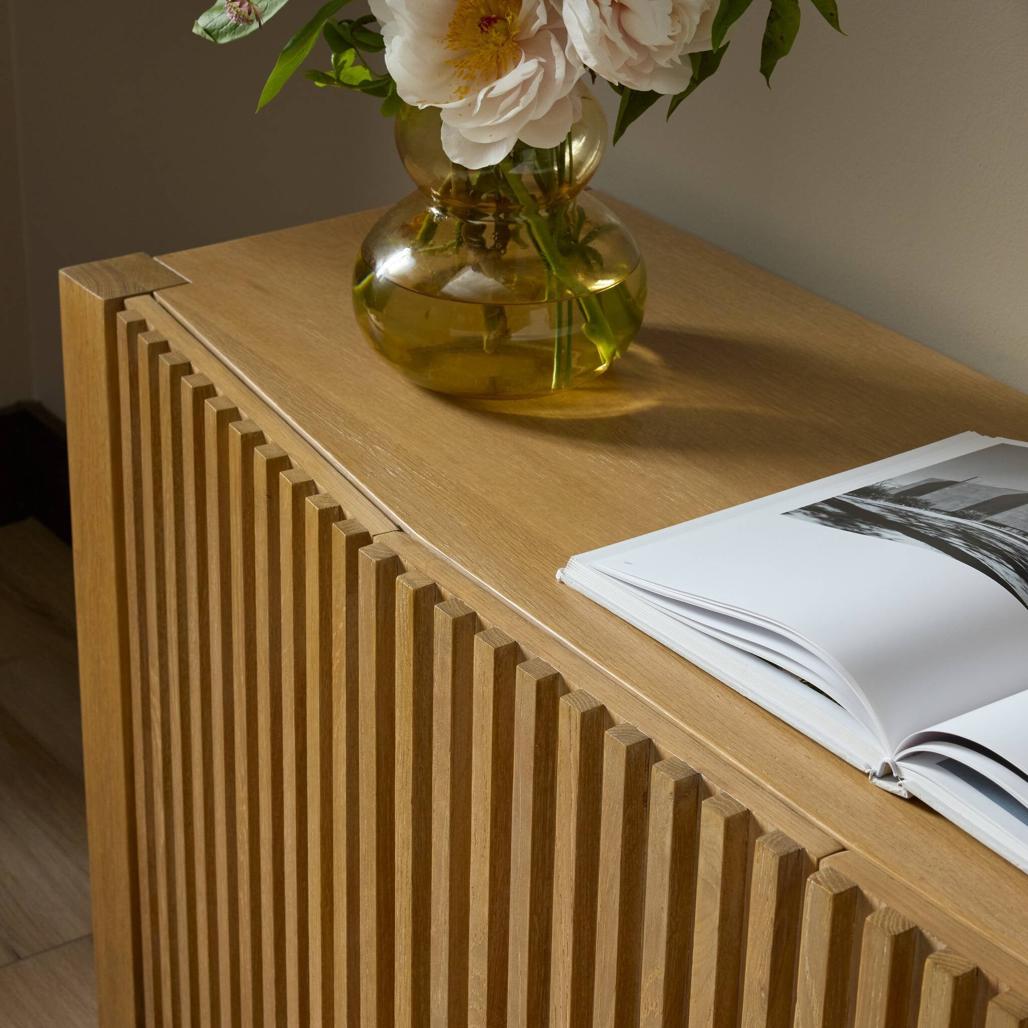 Four Hands Tristan Light Natural Oak Media Console texture close-up
