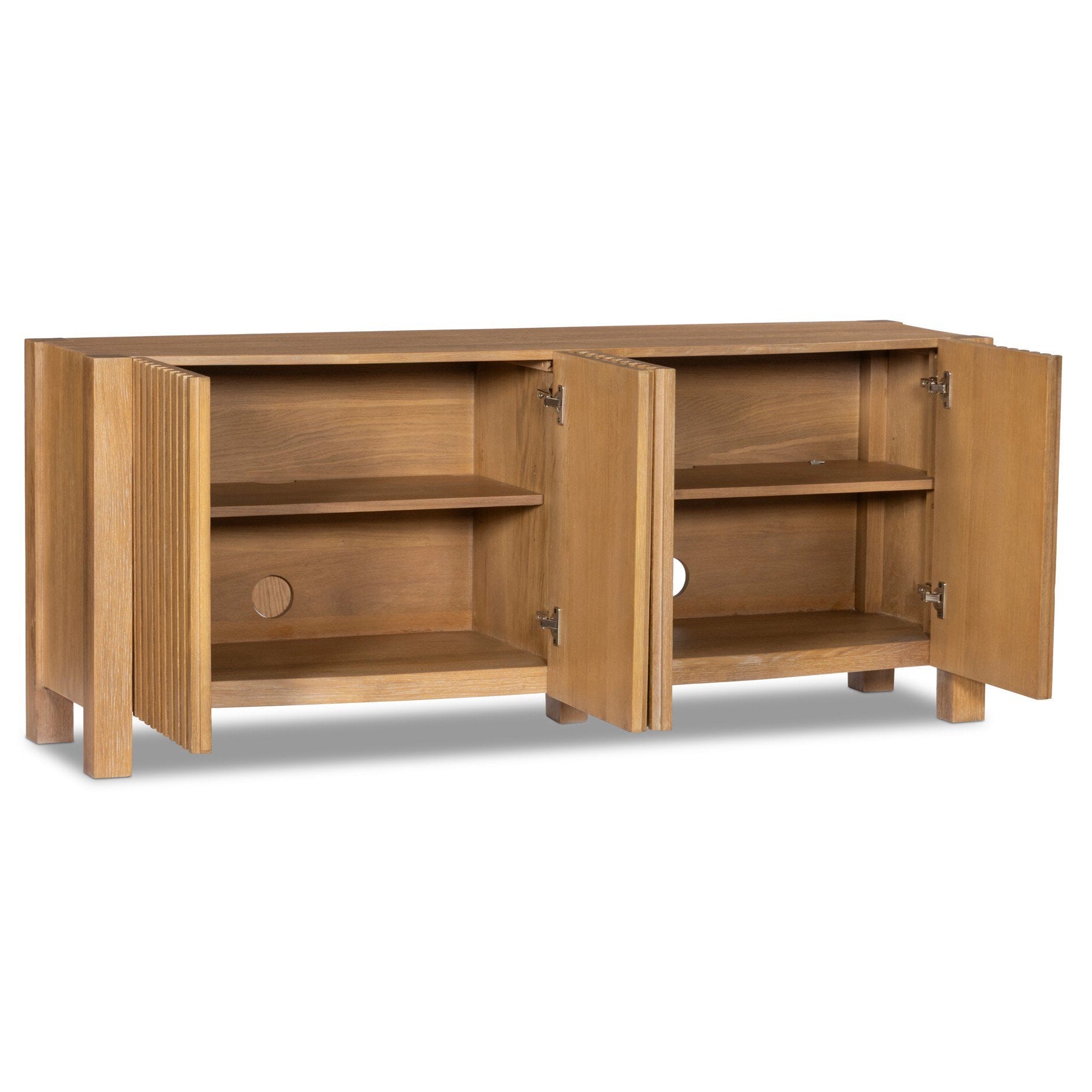 Four Hands Tristan Light Natural Oak Media Console shown open