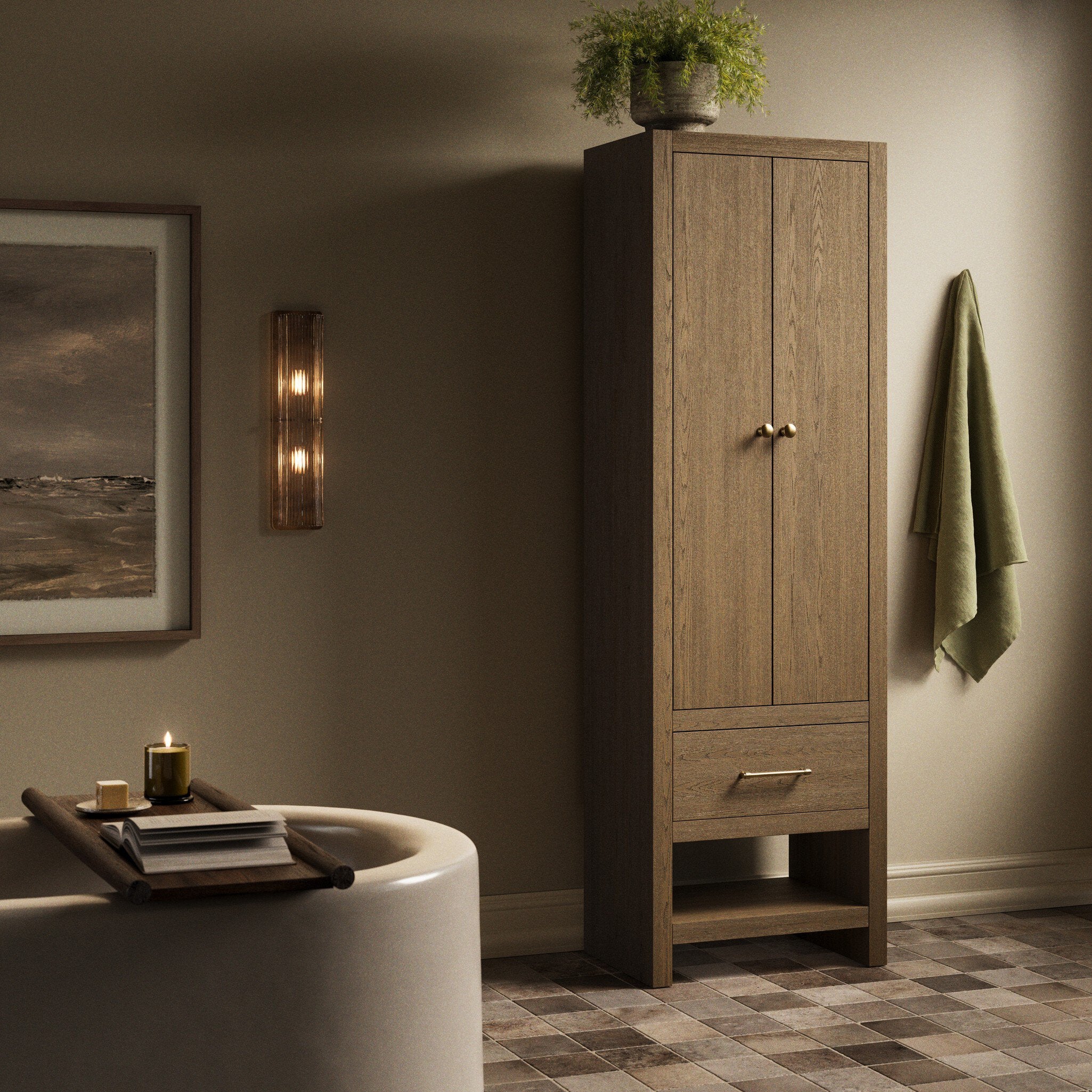 Four Hands Anthem Washed Natural Bath Storage styled in a room setting
