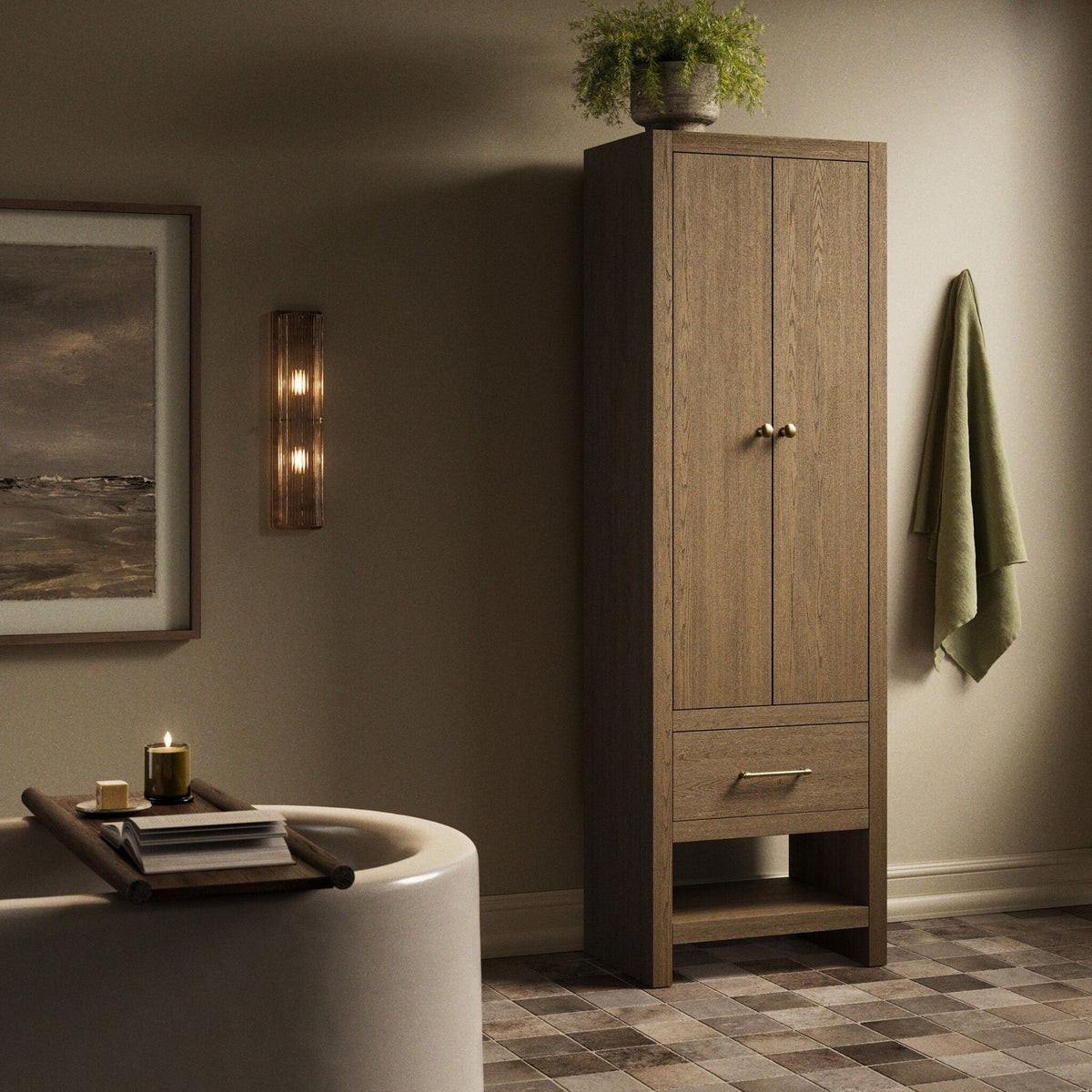 Four Hands Anthem Washed Natural Bath Storage styled in a room setting
