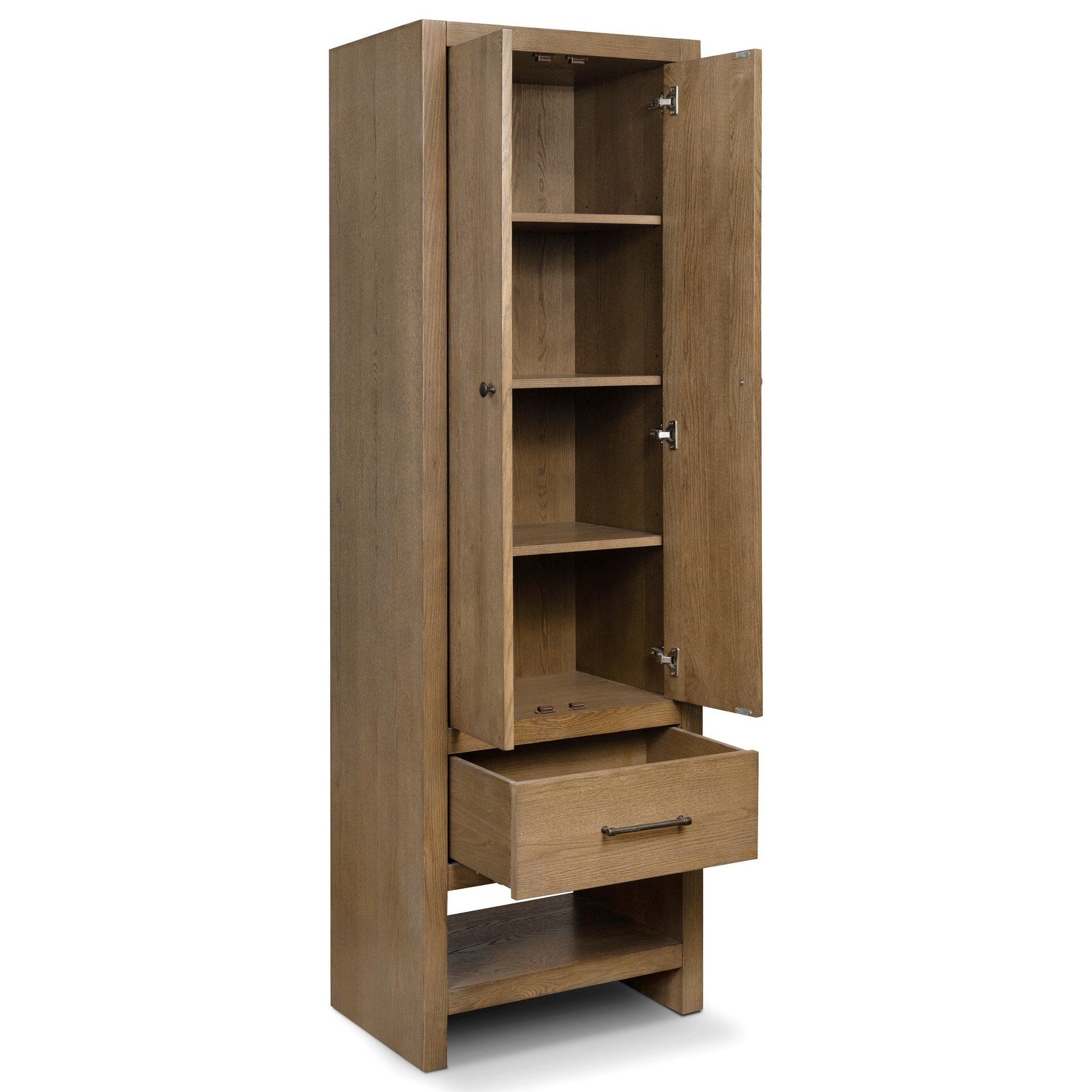 Four Hands Anthem Washed Natural Bath Storage shown with doors open