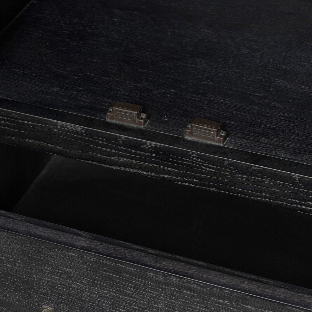 Four Hands Anthem Black Wash Oak Bath Storage finish close-up