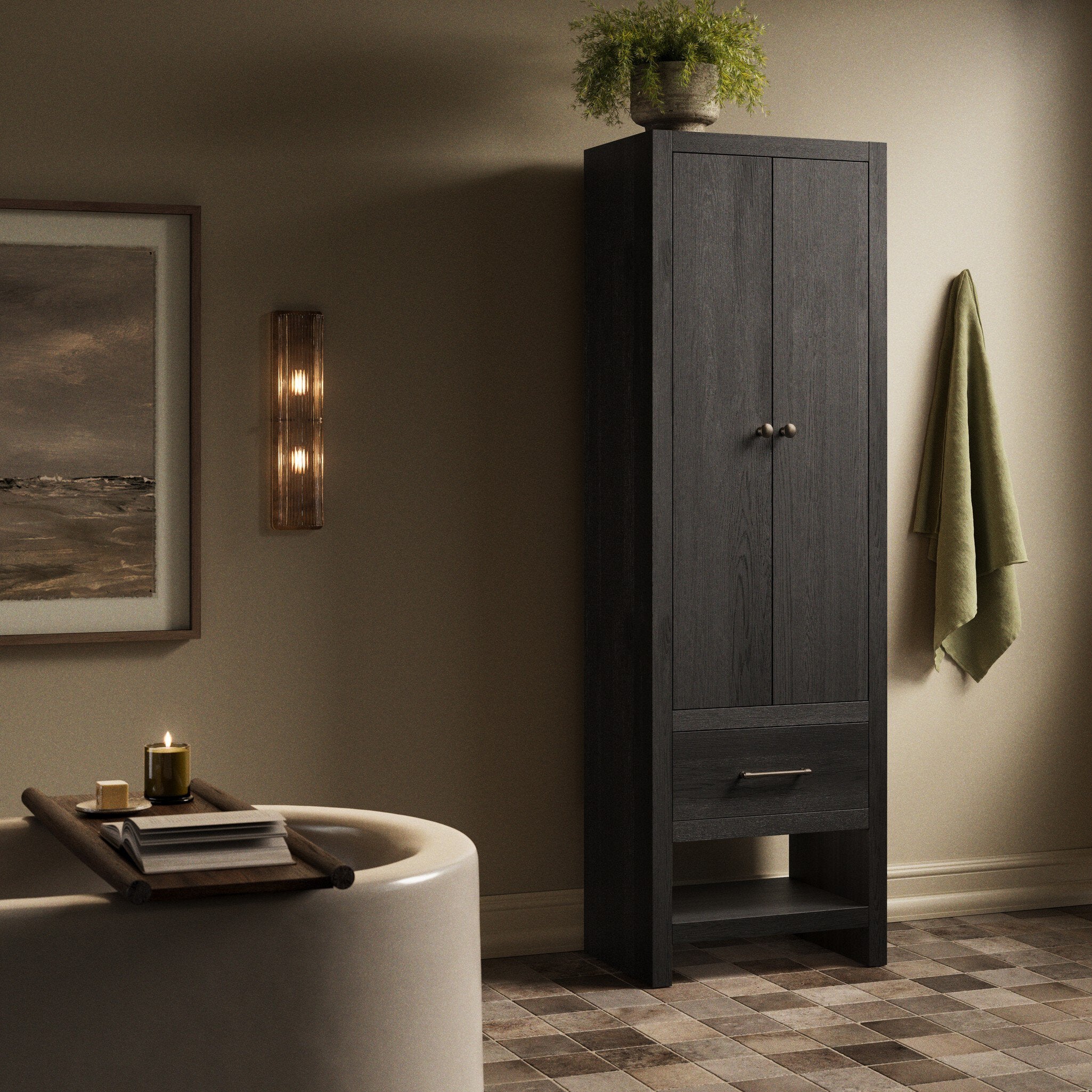 Four Hands Anthem Black Wash Oak Bath Storage styled in a room setting