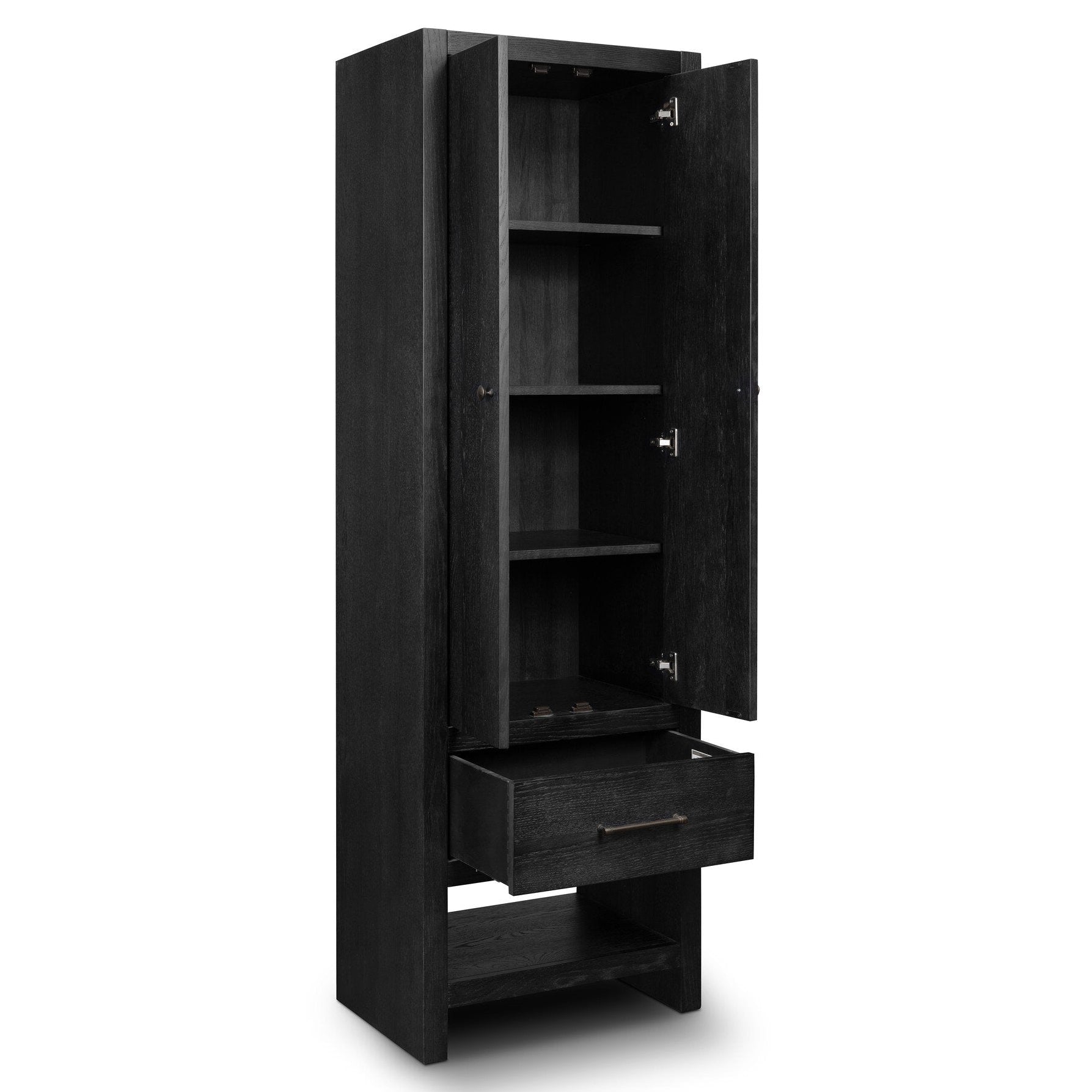Four Hands Anthem Black Wash Oak Bath Storage shown with doors open