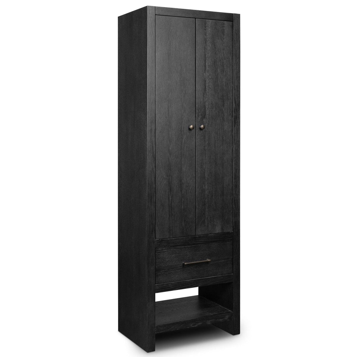 Four Hands Anthem Black Wash Oak Bath Storage styled setting