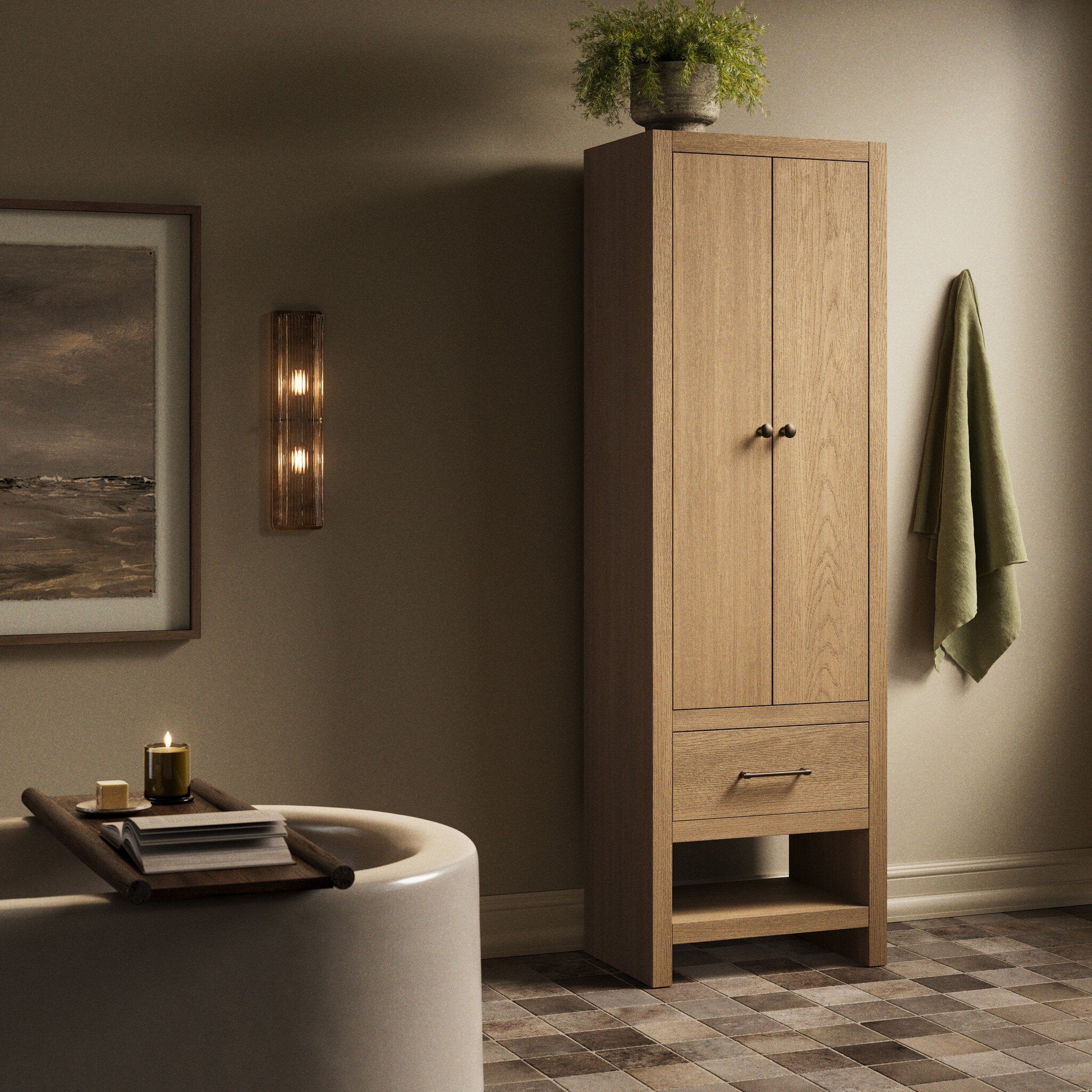 Four Hands Anthem Satin Light Wash Oak Bath Storage styled in a room setting