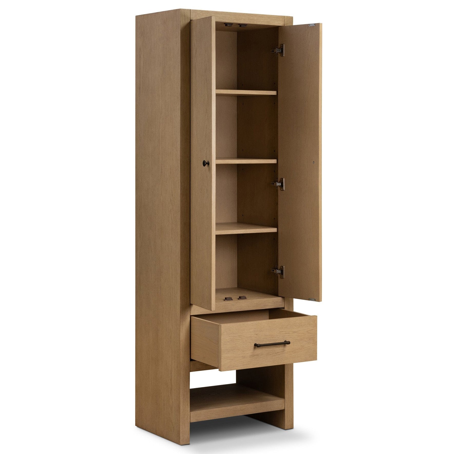 Four Hands Anthem Satin Light Wash Oak Bath Storage shown with doors open