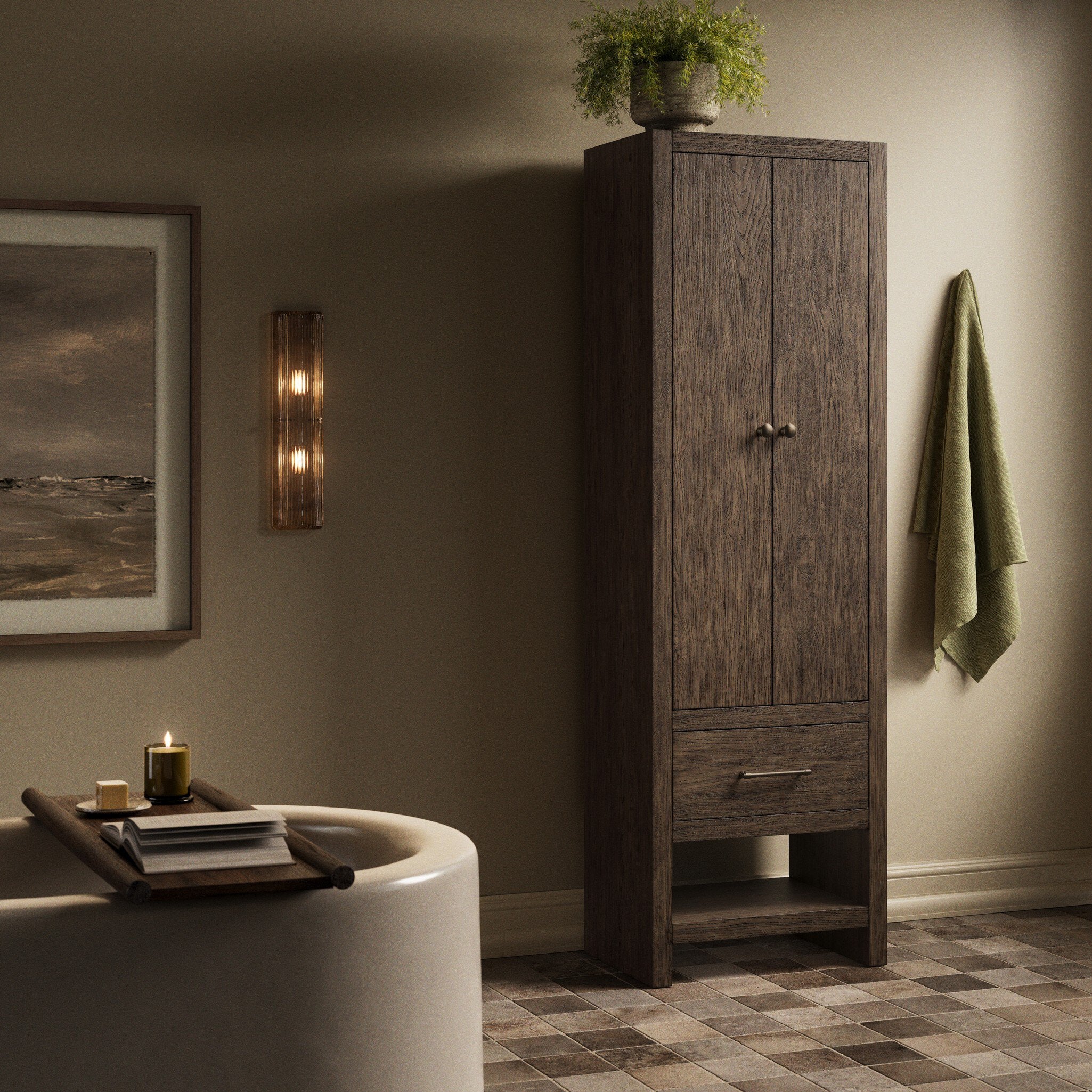 Four Hands Anthem Satin Espresso Oak Bath Storage styled in a room setting