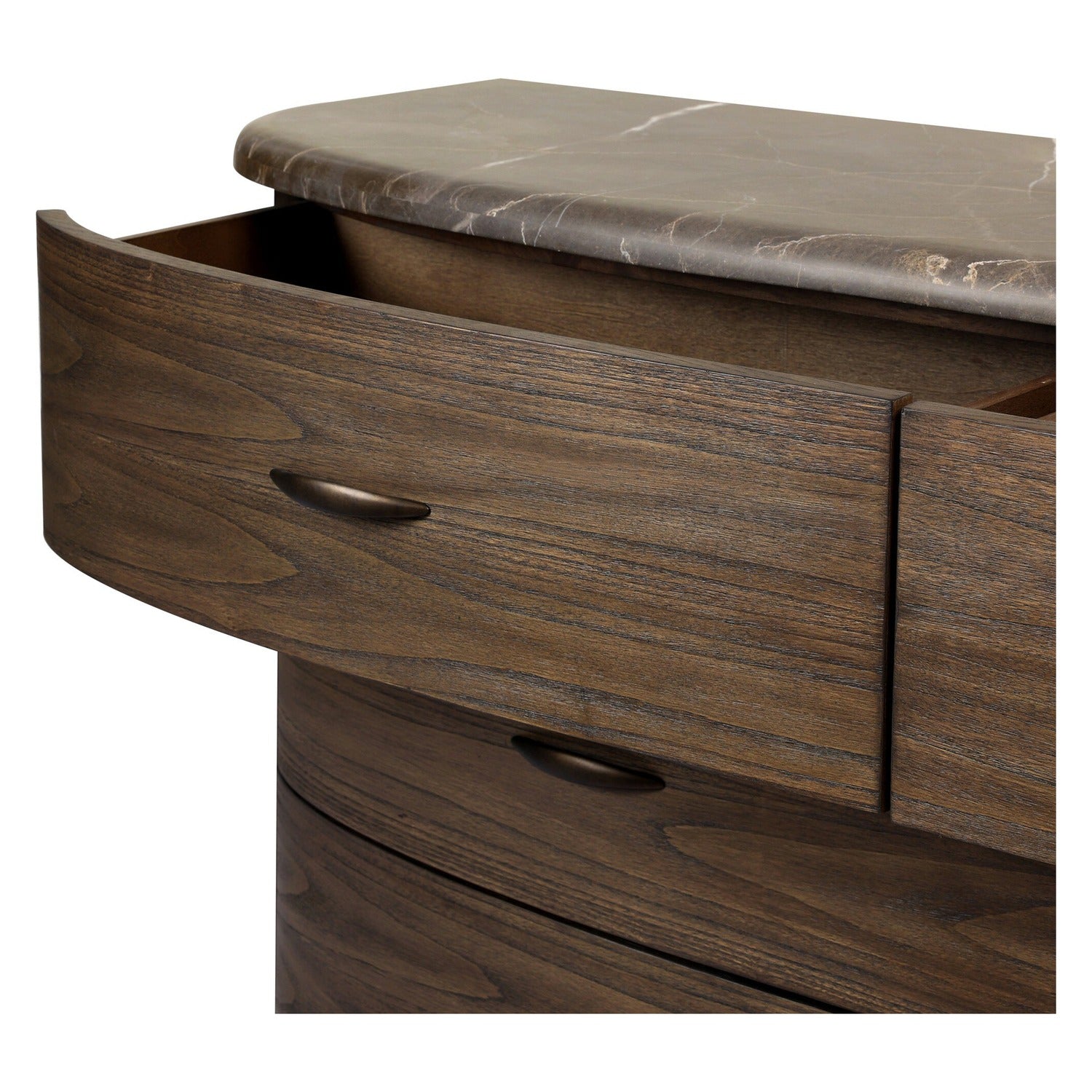 Four Hands Tovae Stained Saddle Brown Dresser with honed coffee marble top, close-up detail of sungkai grain, view 1